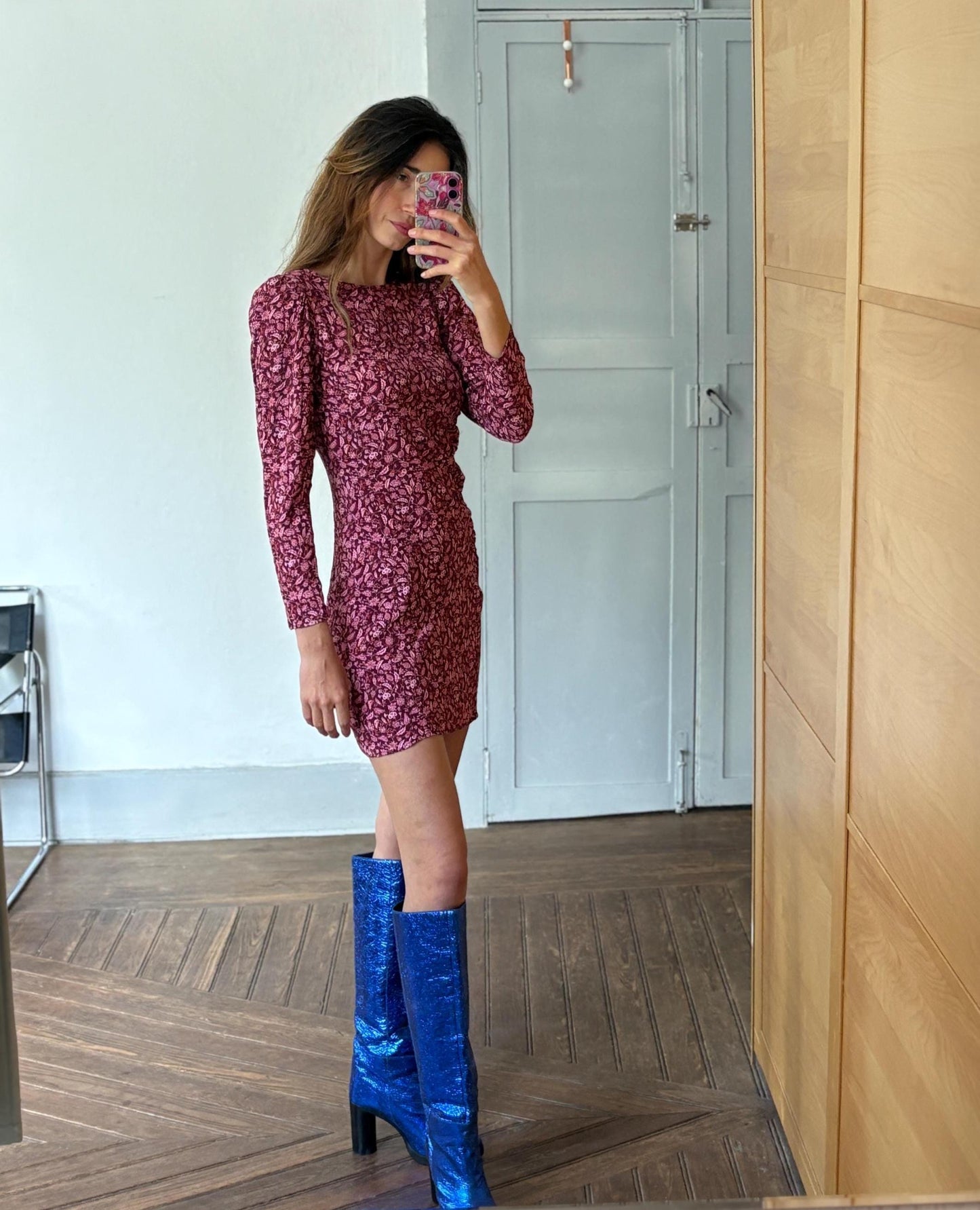 Vintage floral mini dress, Ruched long sleeve bodycon, stylish feminine aesthetic short summer outfit