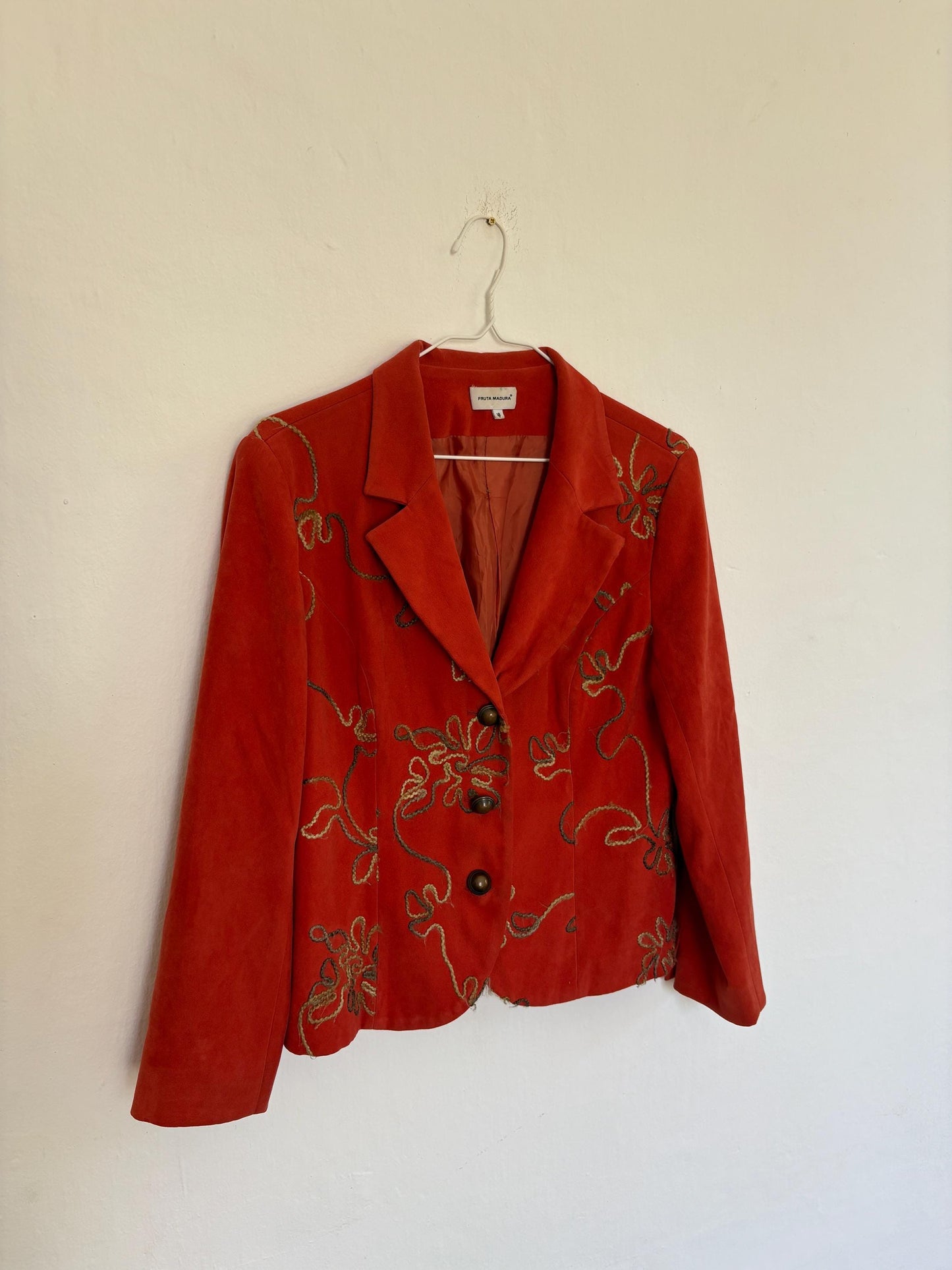 Vintage vibrant red Blazer Made in Spain, Floral Embroidered Red Jacket, Size M, Fun playful retro summer coat