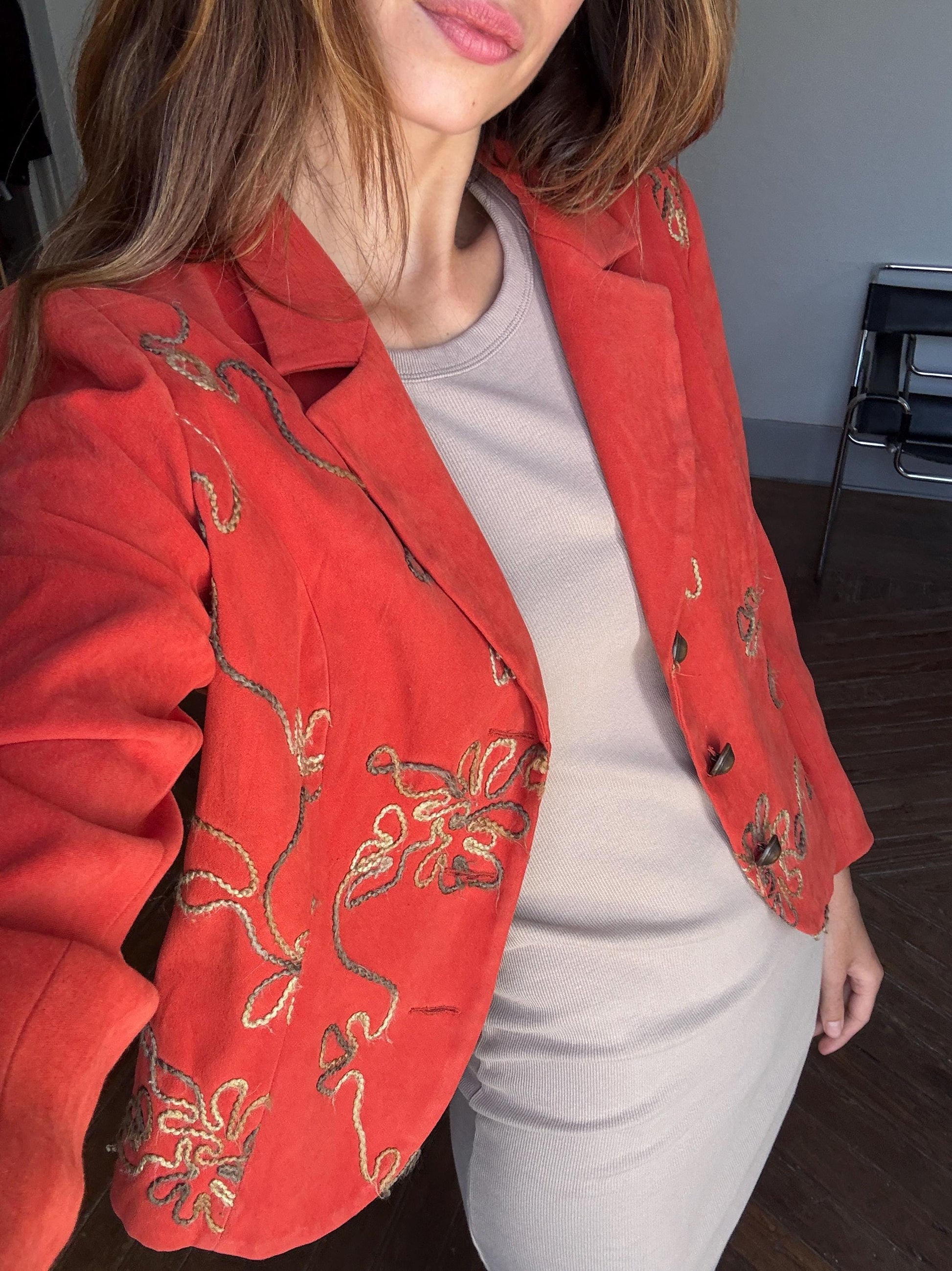 Vintage vibrant red Blazer Made in Spain, Floral Embroidered Red Jacket, Size M, Fun playful retro summer coat