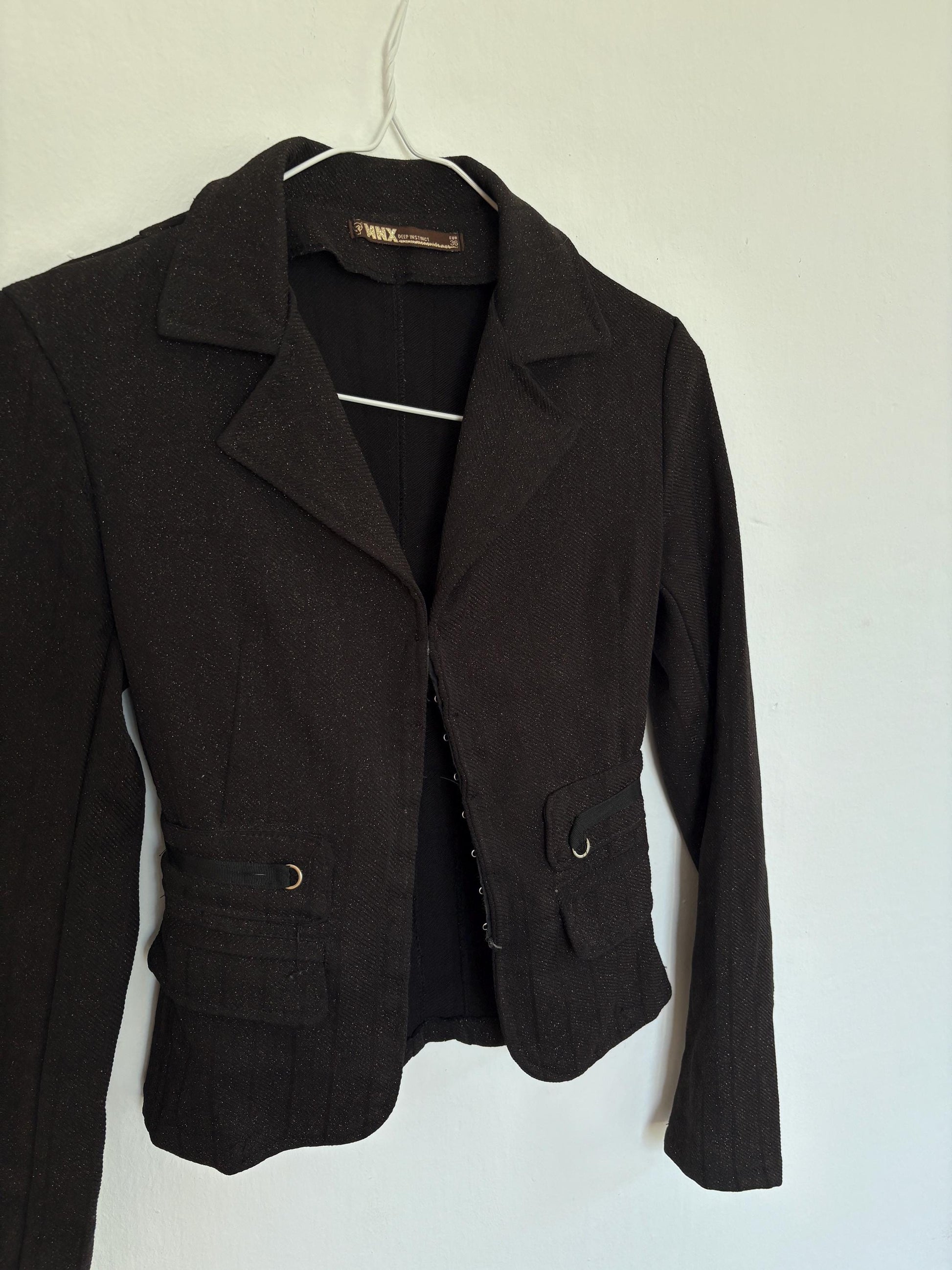 PETITE Y2K cropped fitted blazer, Size EUR 36, black sparkly vintage formal jacket, Evening partywear, Tailored women’s retro style wear