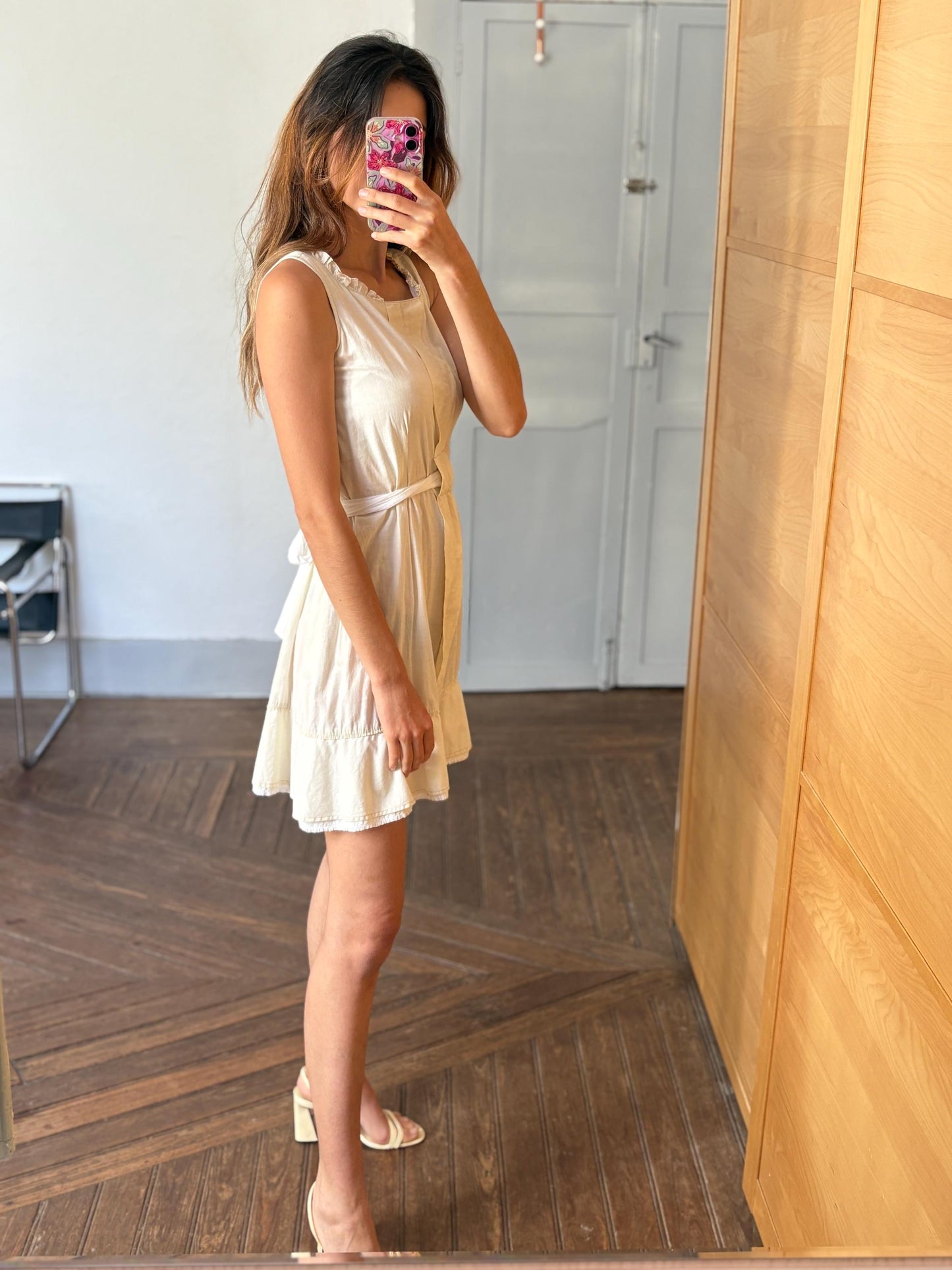 Vintage off white Adolfo Dominguez dress with waist tie, Lightweight cotton midi dress, Spanish designer summer mini