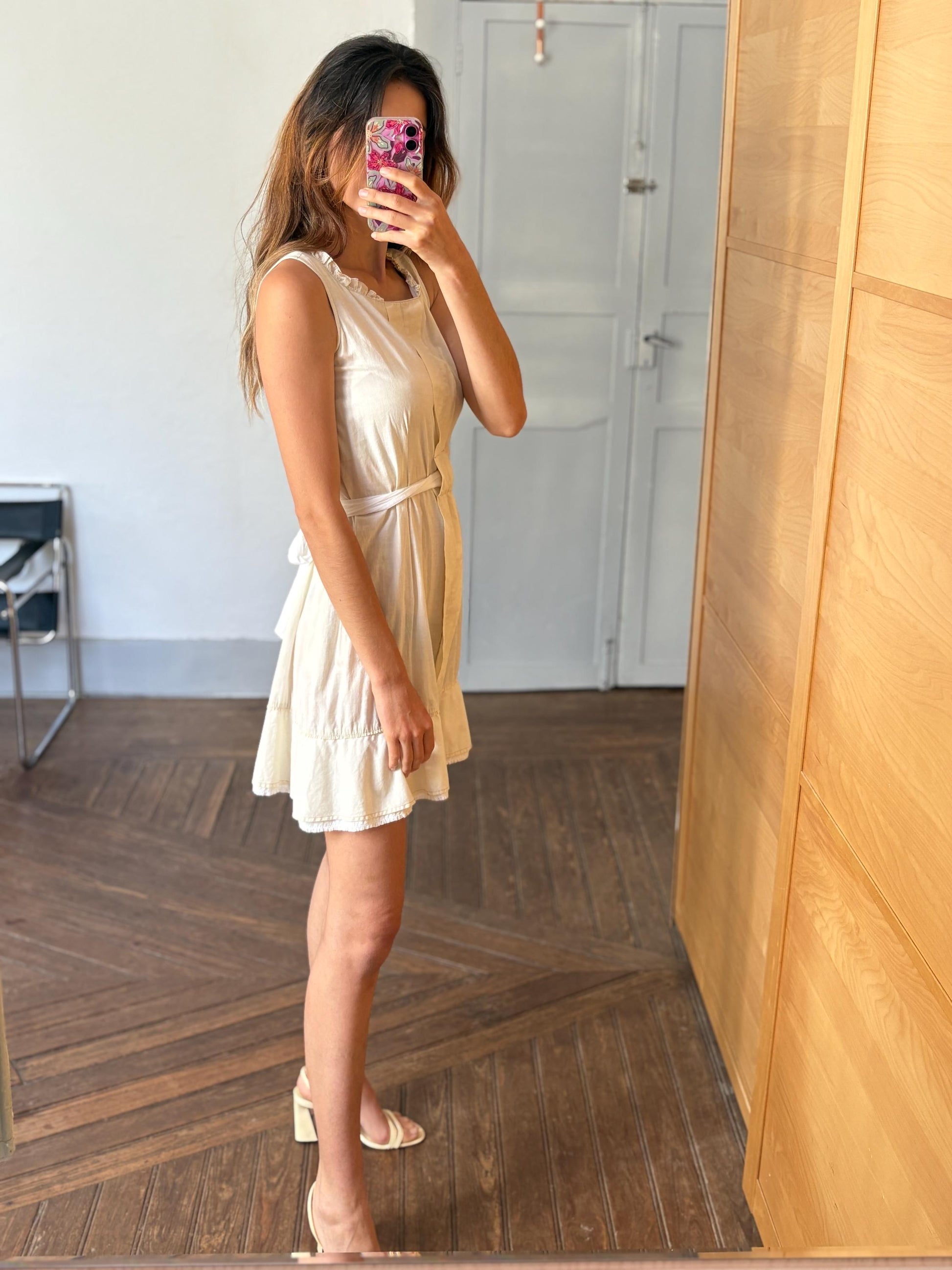 Vintage off white Adolfo Dominguez dress with waist tie, Lightweight cotton midi dress, Spanish designer summer mini