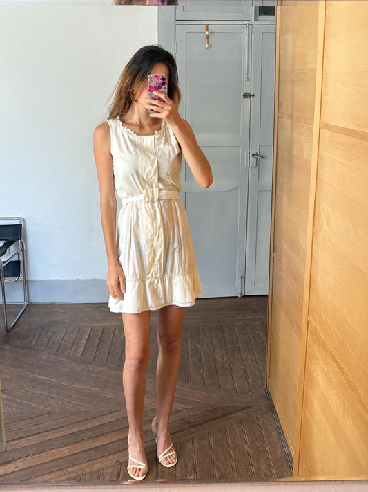 Vintage off white Adolfo Dominguez dress with waist tie, Lightweight cotton midi dress, Spanish designer summer mini