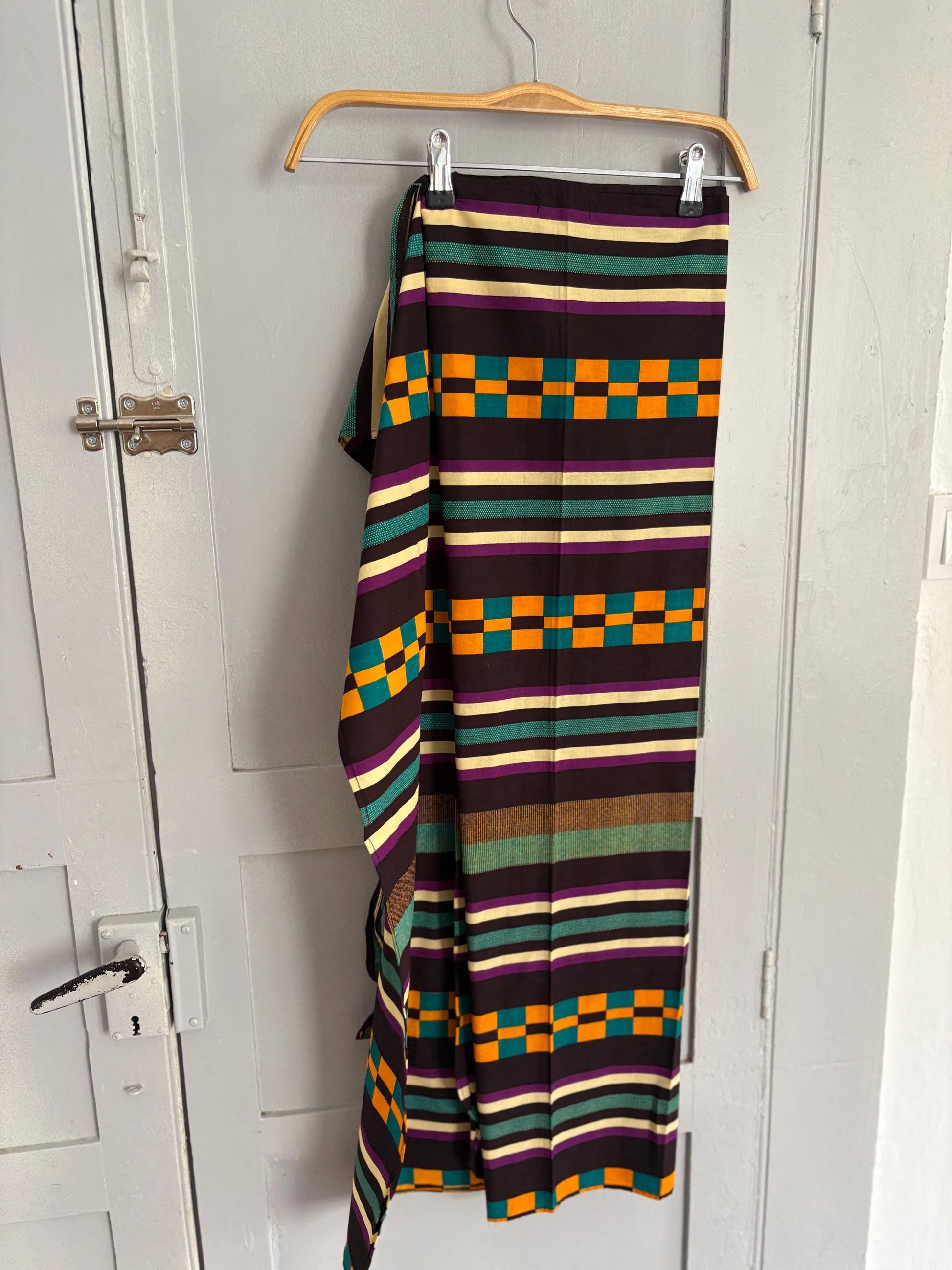 Gorgeous Vintage wrap around skirt, Colourful stripe and check print midi skirt, Long one size fits most summer skirt, adjustable waist