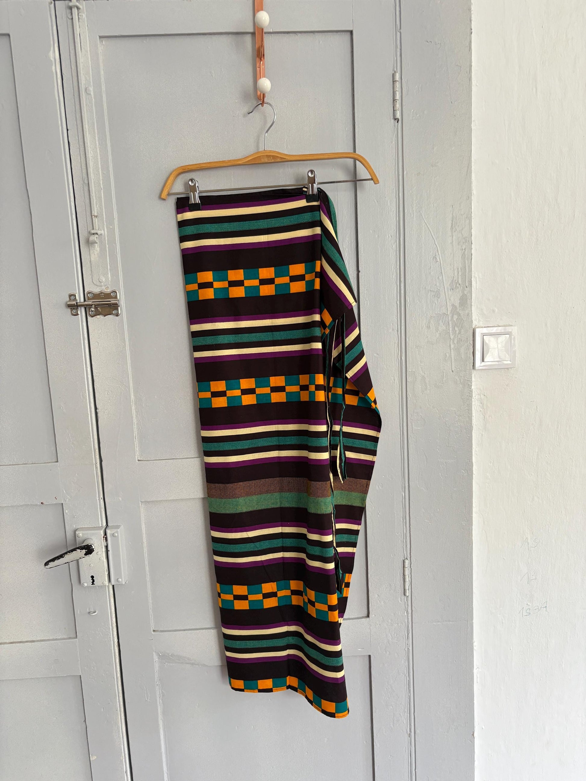 Gorgeous Vintage wrap around skirt, Colourful stripe and check print midi skirt, Long one size fits most summer skirt, adjustable waist