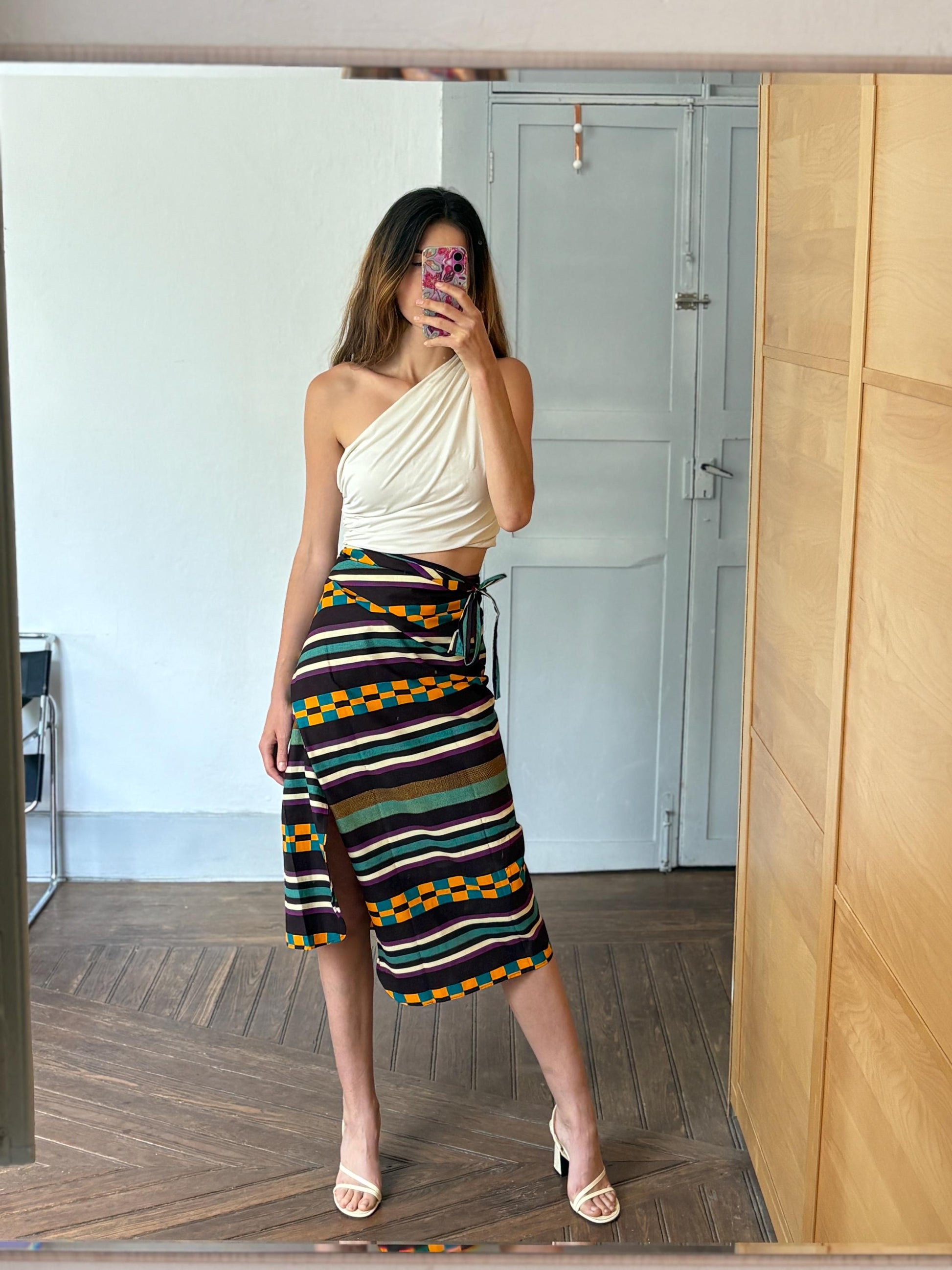 Gorgeous Vintage wrap around skirt, Colourful stripe and check print midi skirt, Long one size fits most summer skirt, adjustable waist