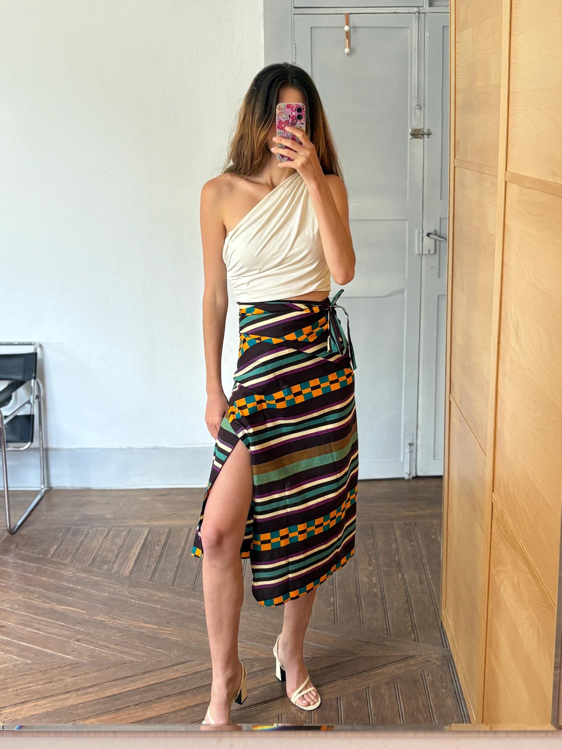 Gorgeous Vintage wrap around skirt, Colourful stripe and check print midi skirt, Long one size fits most summer skirt, adjustable waist