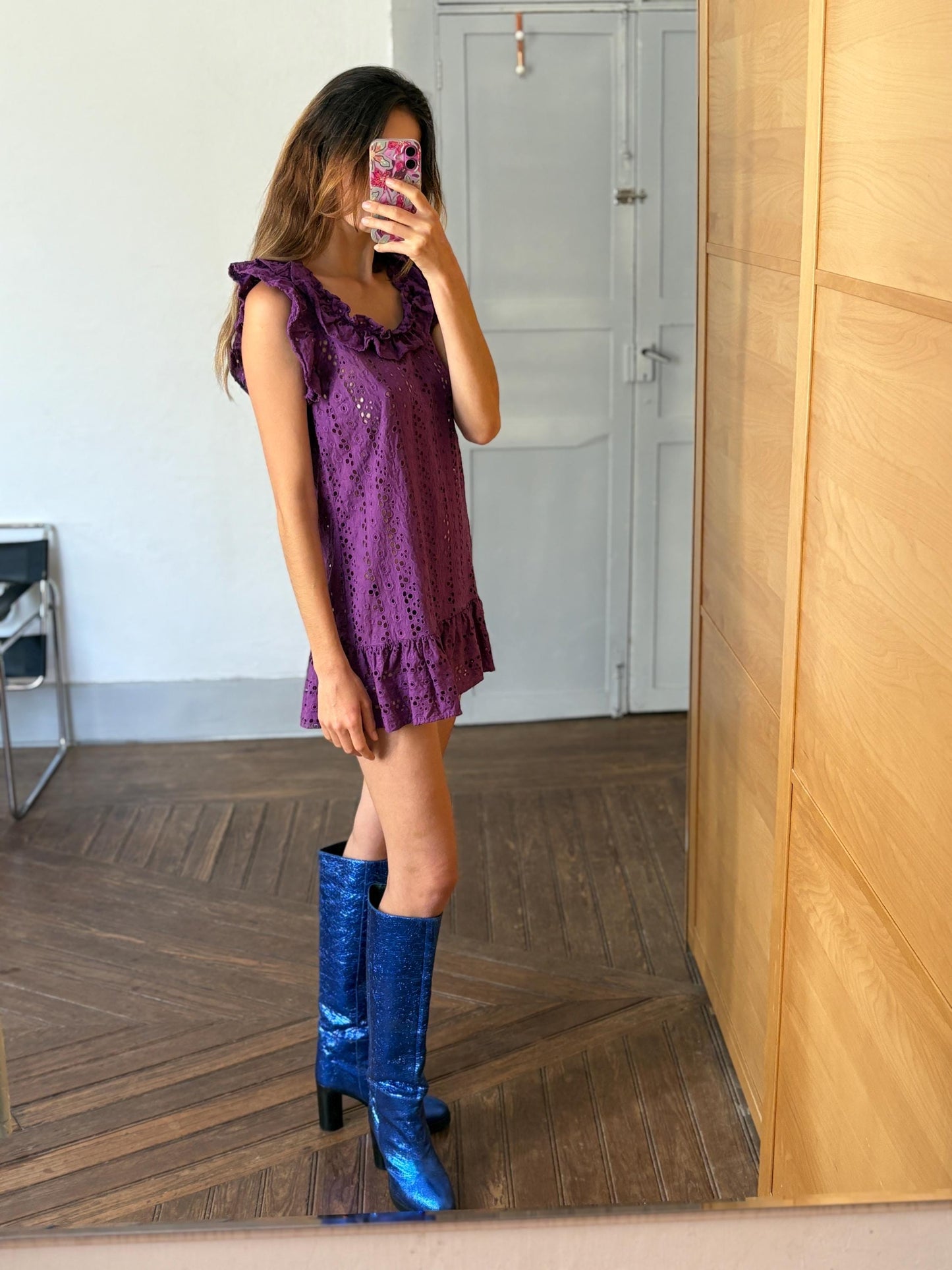 Vintage purple Pedro del Hierro Sport mini dress, Sexy eyelet cotton summer coverup, See through beachwear, Sheer pop of colour clothing