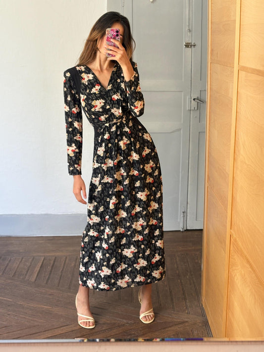 Silk Floral maxi dress with hourglass silhouette, size 38, Wedding guest dress