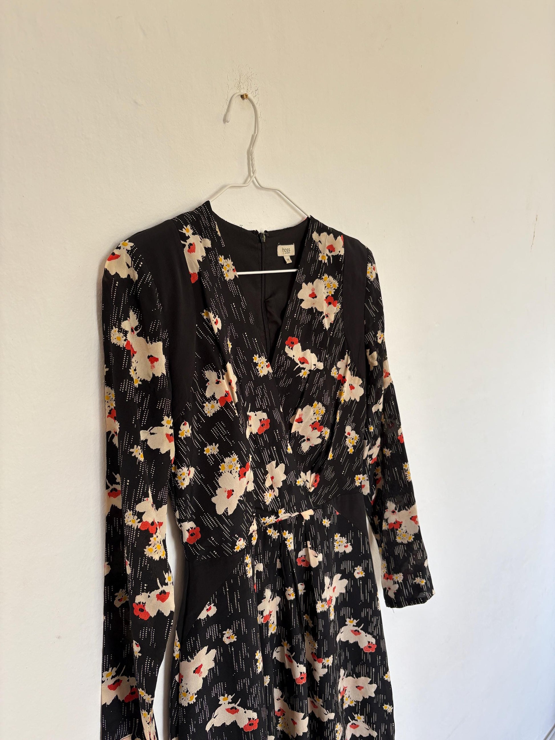 Silk Floral maxi dress with hourglass silhouette, size 38, Wedding guest dress