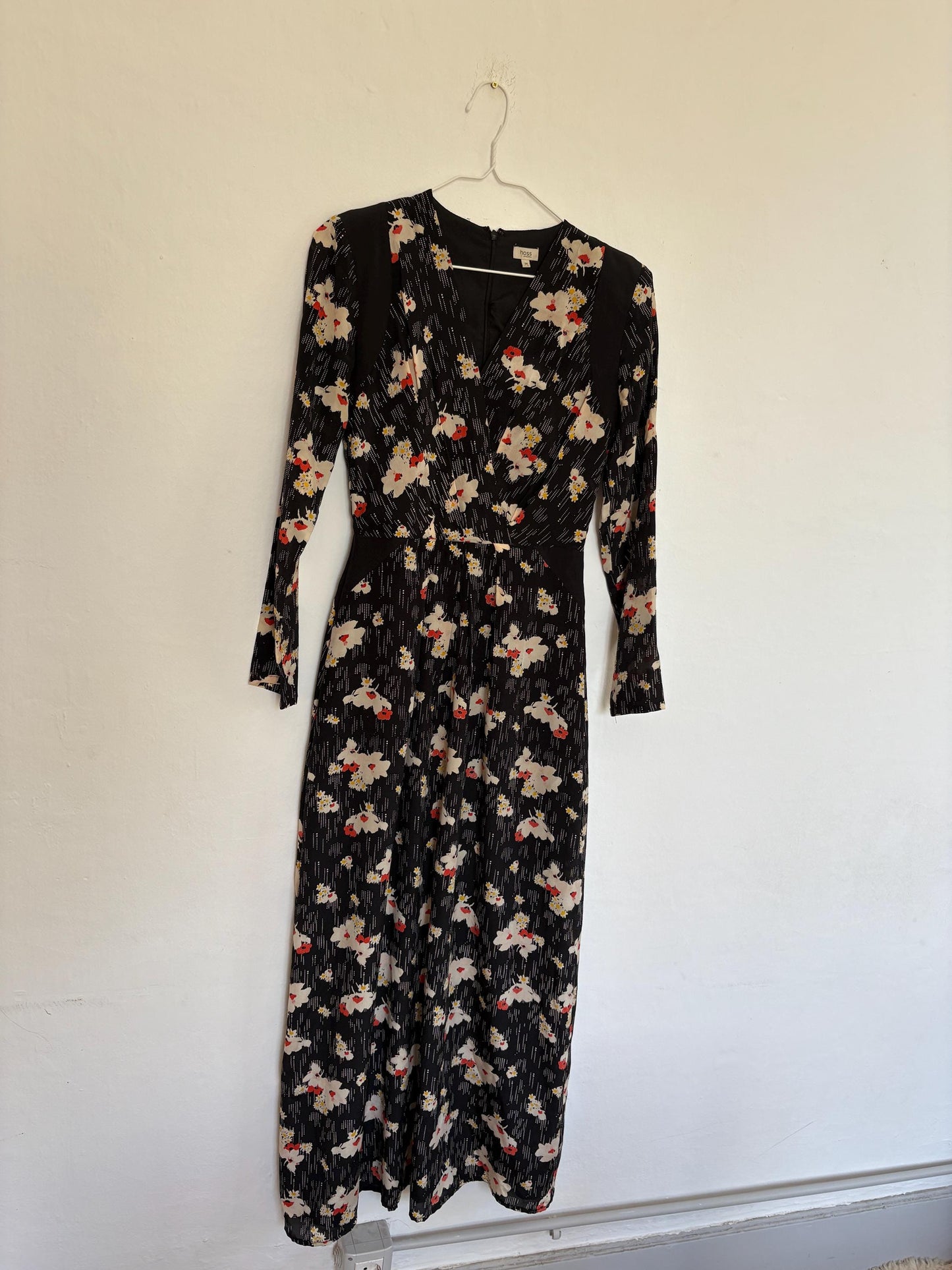 Silk Floral maxi dress with hourglass silhouette, size 38, Wedding guest dress