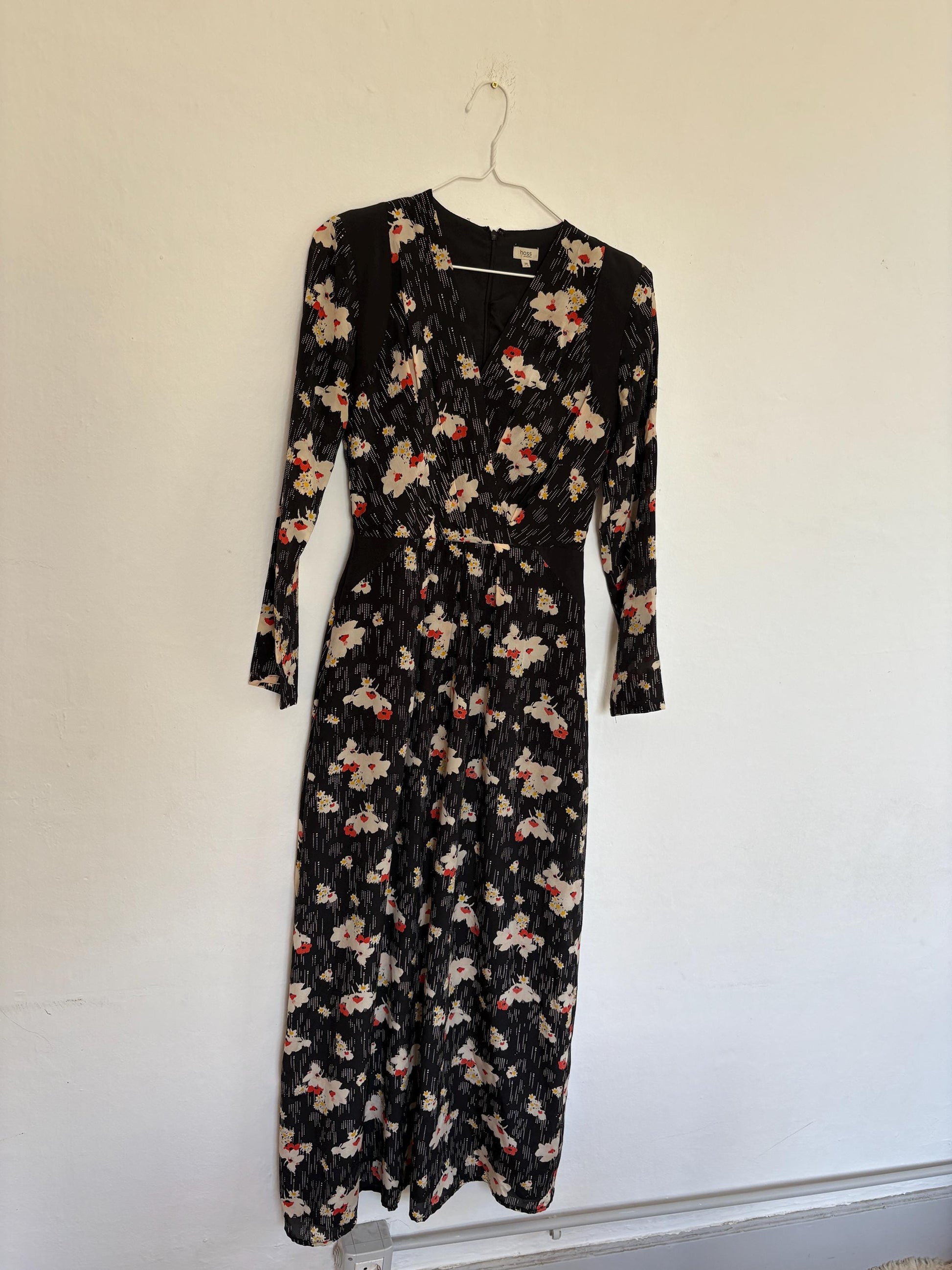 Silk Floral maxi dress with hourglass silhouette, size 38, Wedding guest dress