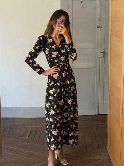 Silk Floral maxi dress with hourglass silhouette, size 38, Wedding guest dress