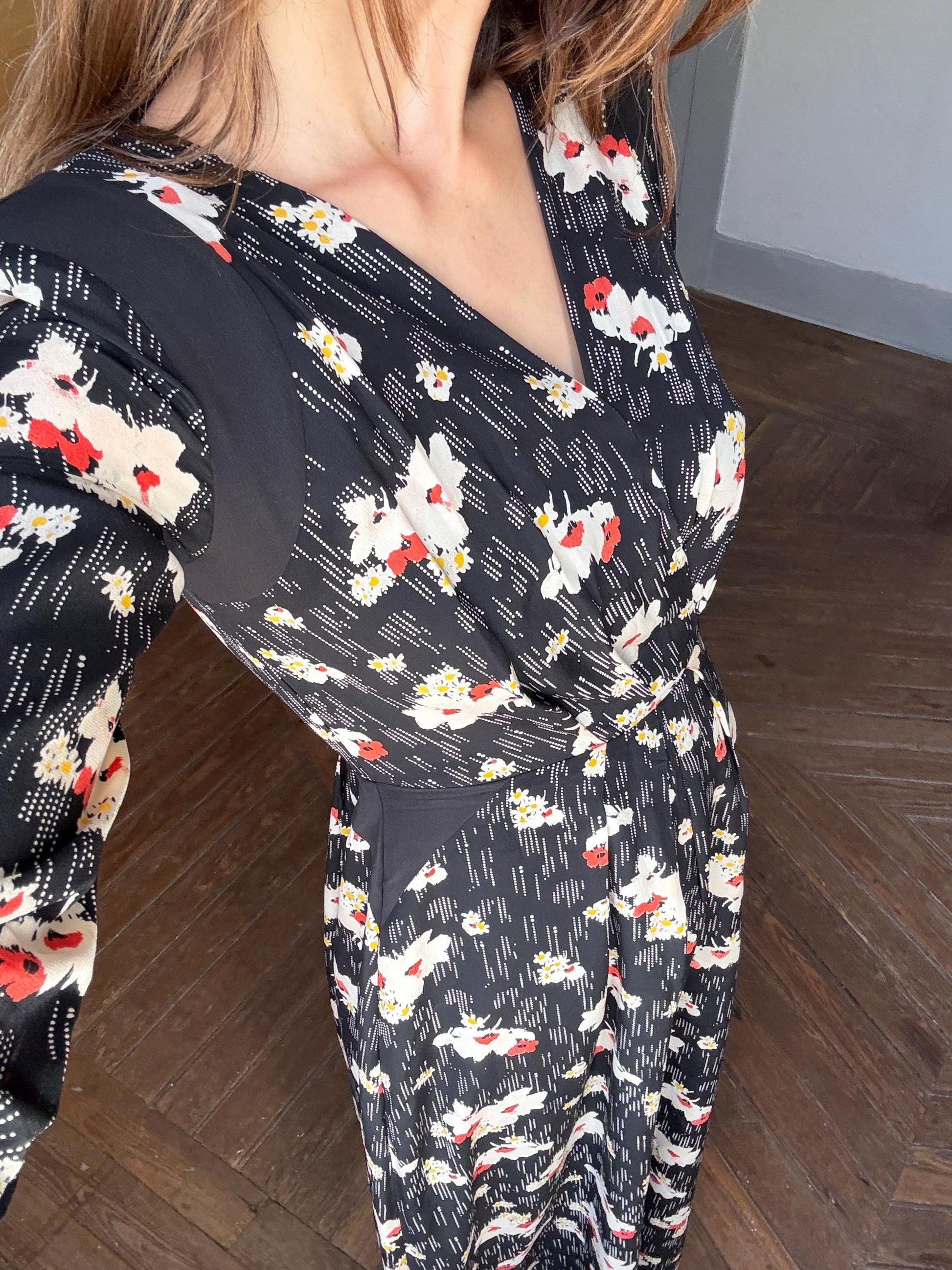 Silk Floral maxi dress with hourglass silhouette, size 38, Wedding guest dress