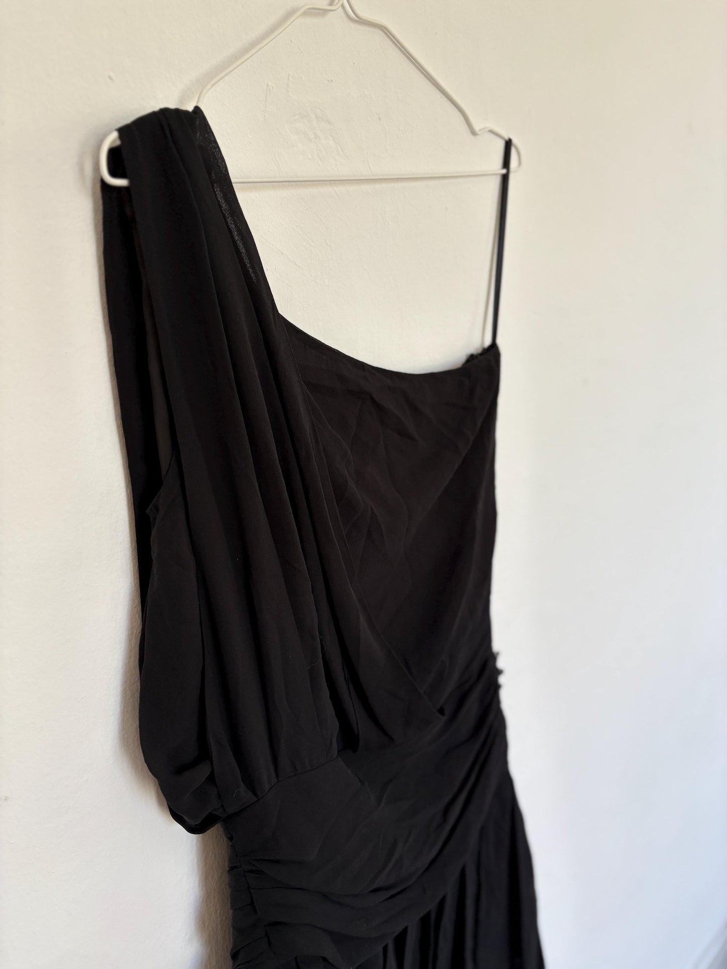 Gorgeous black one - shoulder mini dress, Luxe Vintage 100% silk black short dres, Luxury designer clothing, size 40