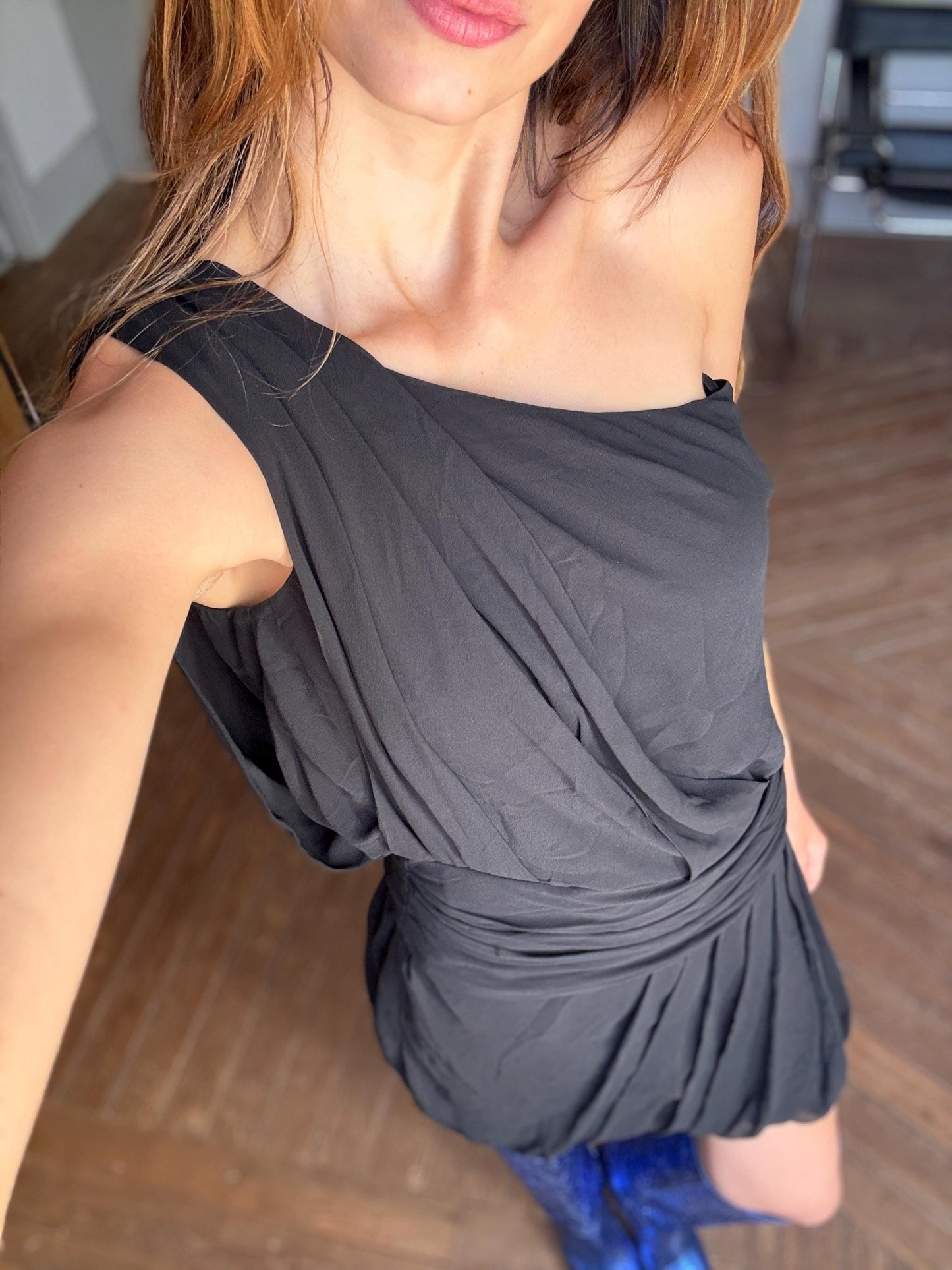 Luxe 100% silk black short one shoulder dres, Luxury designer clothing, size 40