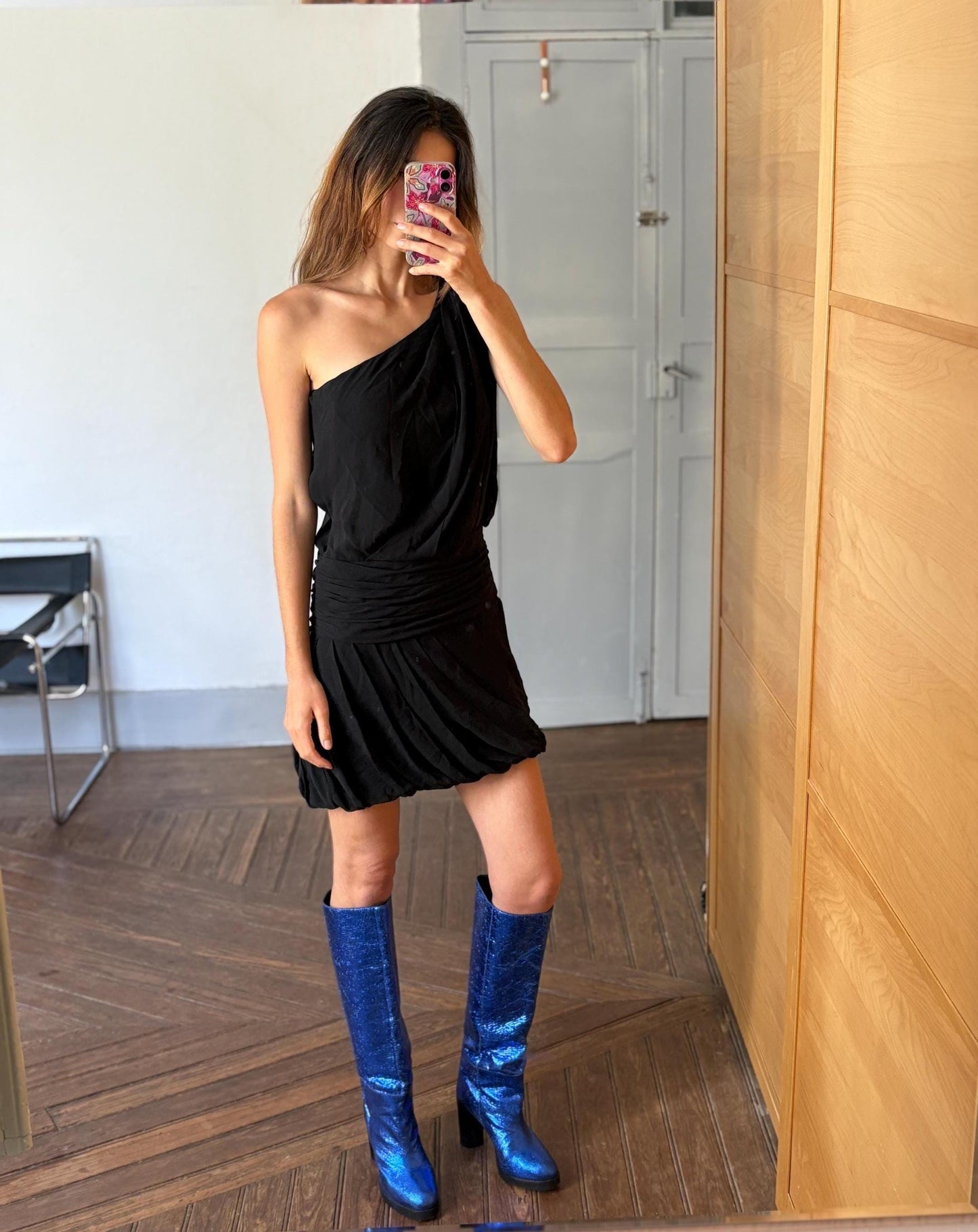 Gorgeous black one - shoulder mini dress, Luxe Vintage 100% silk black short dres, Luxury designer clothing, size 40