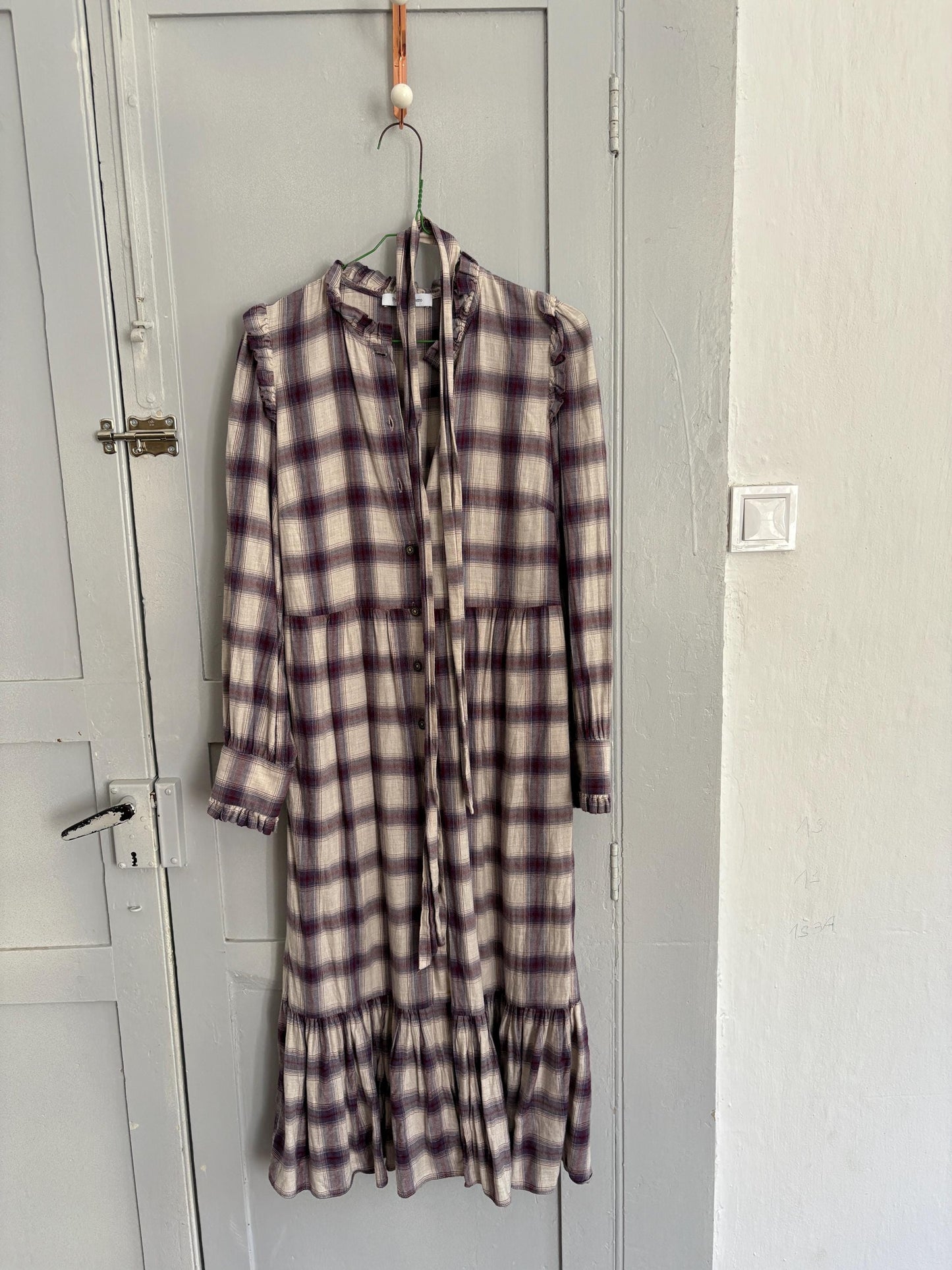 Vintage Spanish designer long dress, Checked plaid prairie style, Soft spring - autumn maxi dress, Luxe preppy branded wear