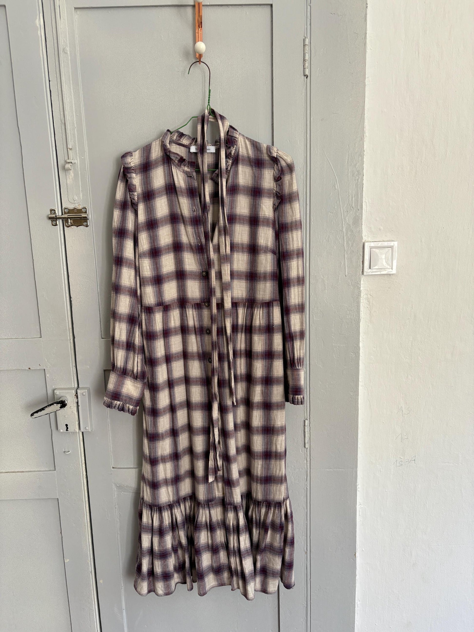 Vintage Spanish designer long dress, Checked plaid prairie style, Soft spring - autumn maxi dress, Luxe preppy branded wear