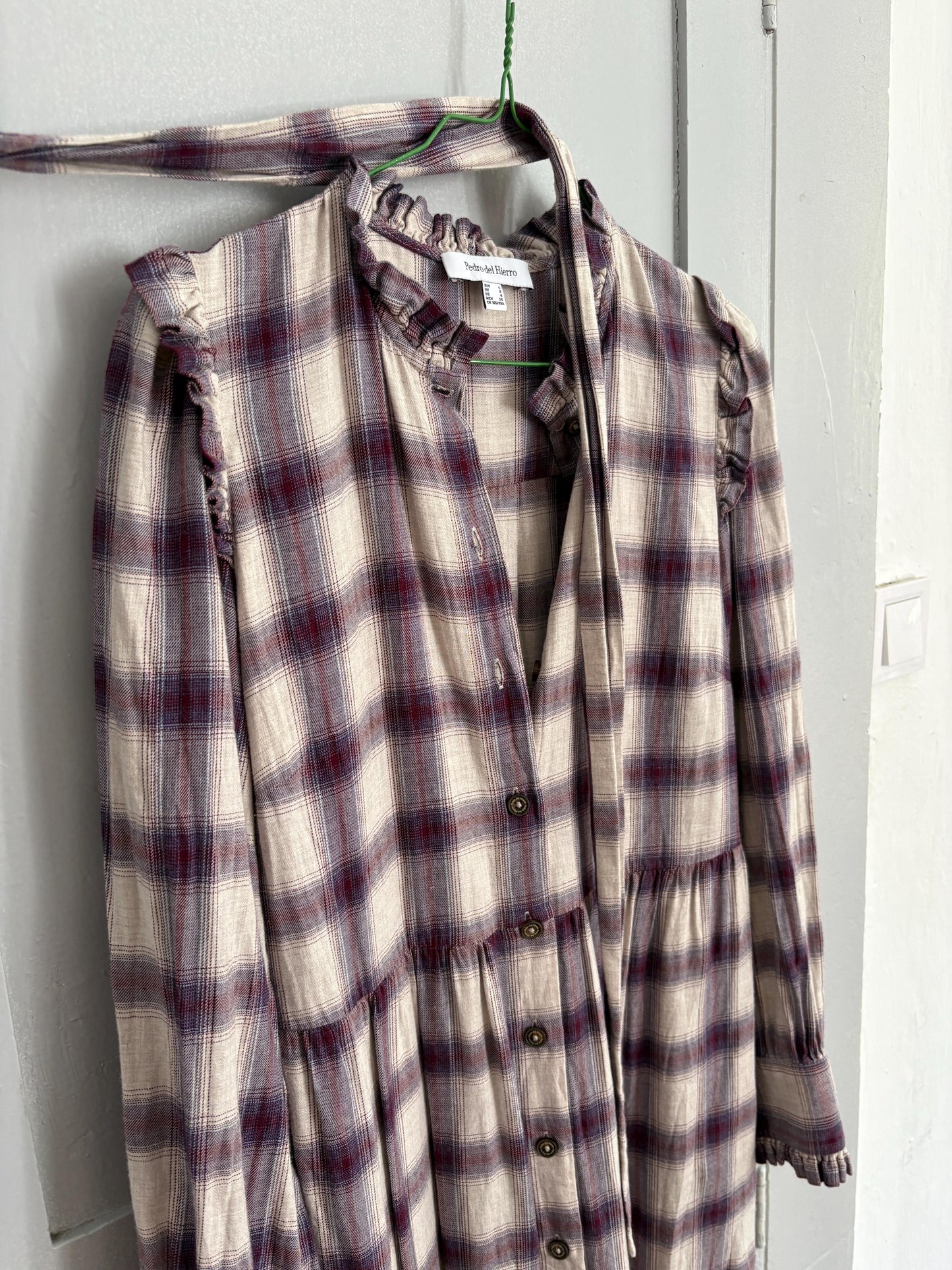 Vintage Spanish designer long dress, Checked plaid prairie style, Soft spring - autumn maxi dress, Luxe preppy branded wear