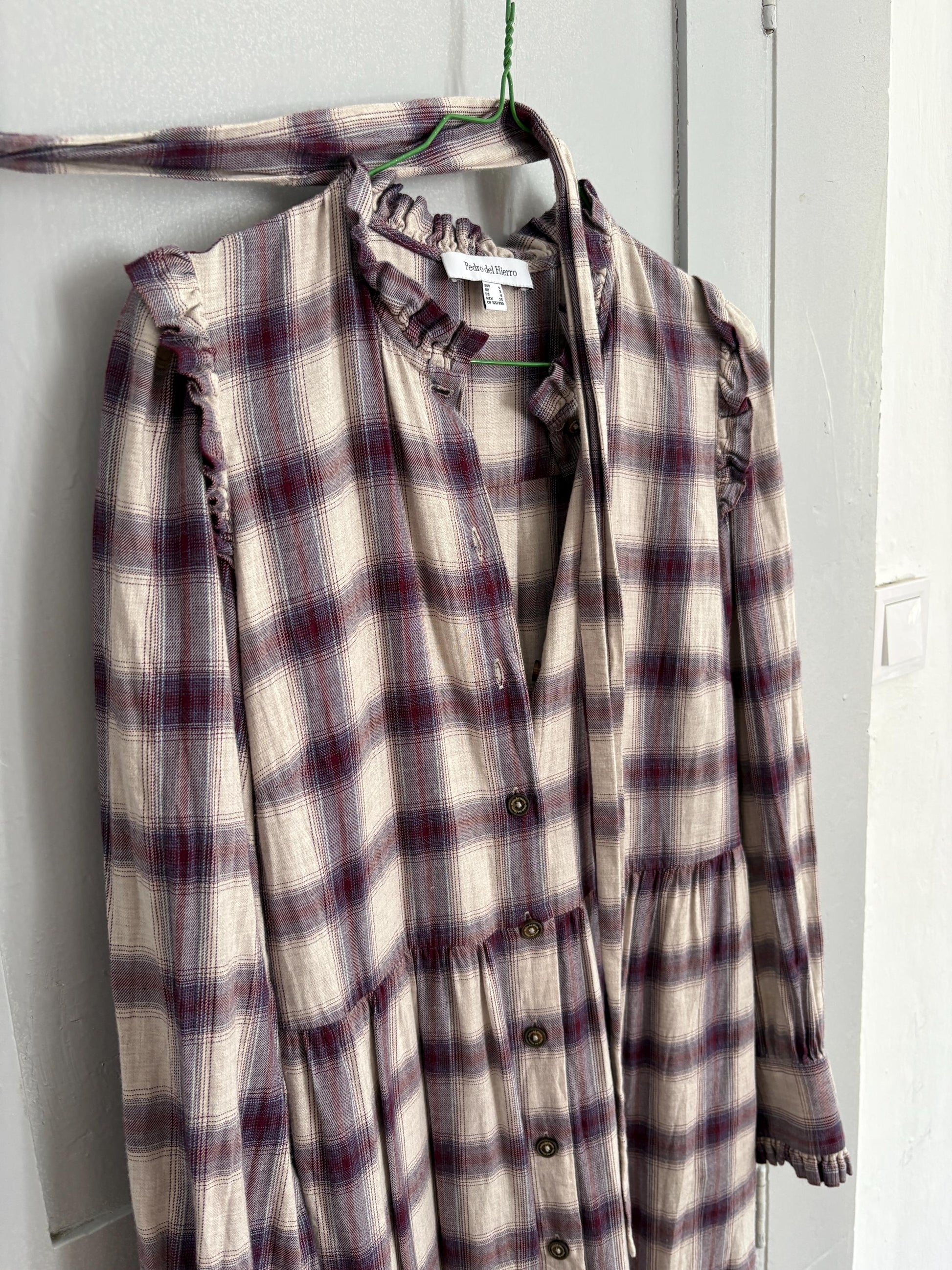 Vintage Spanish designer long dress, Checked plaid prairie style, Soft spring - autumn maxi dress, Luxe preppy branded wear