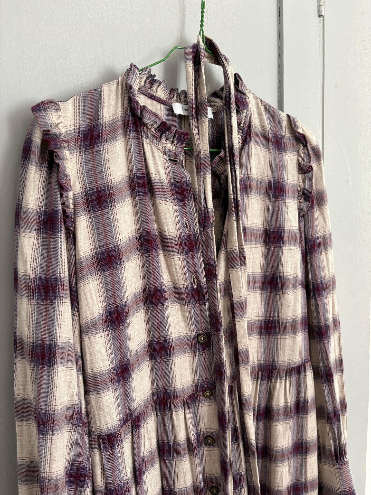 Vintage Spanish designer long dress, Checked plaid prairie style, Soft spring - autumn maxi dress, Luxe preppy branded wear