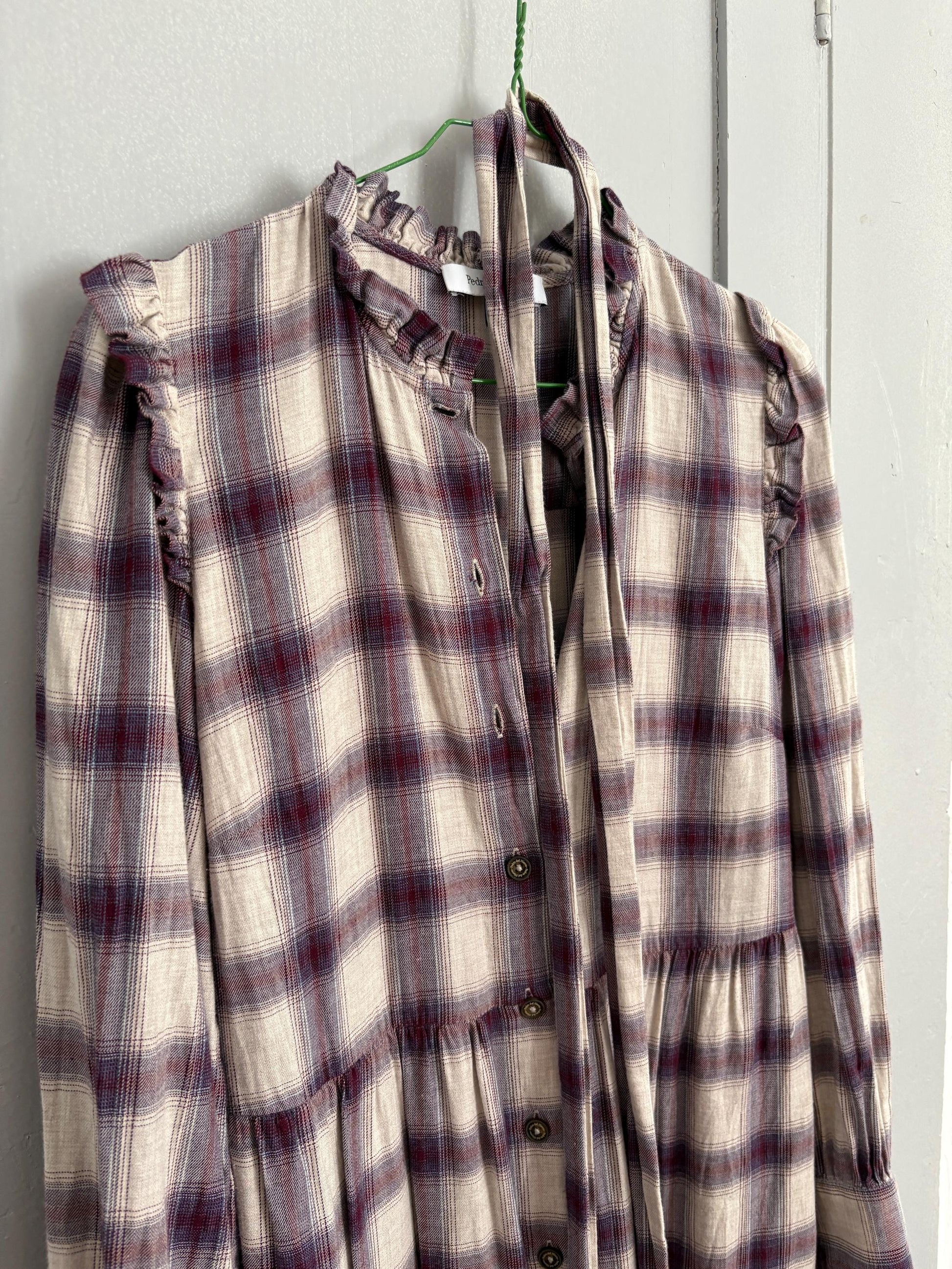 Vintage Spanish designer long dress, Checked plaid prairie style, Soft spring - autumn maxi dress, Luxe preppy branded wear