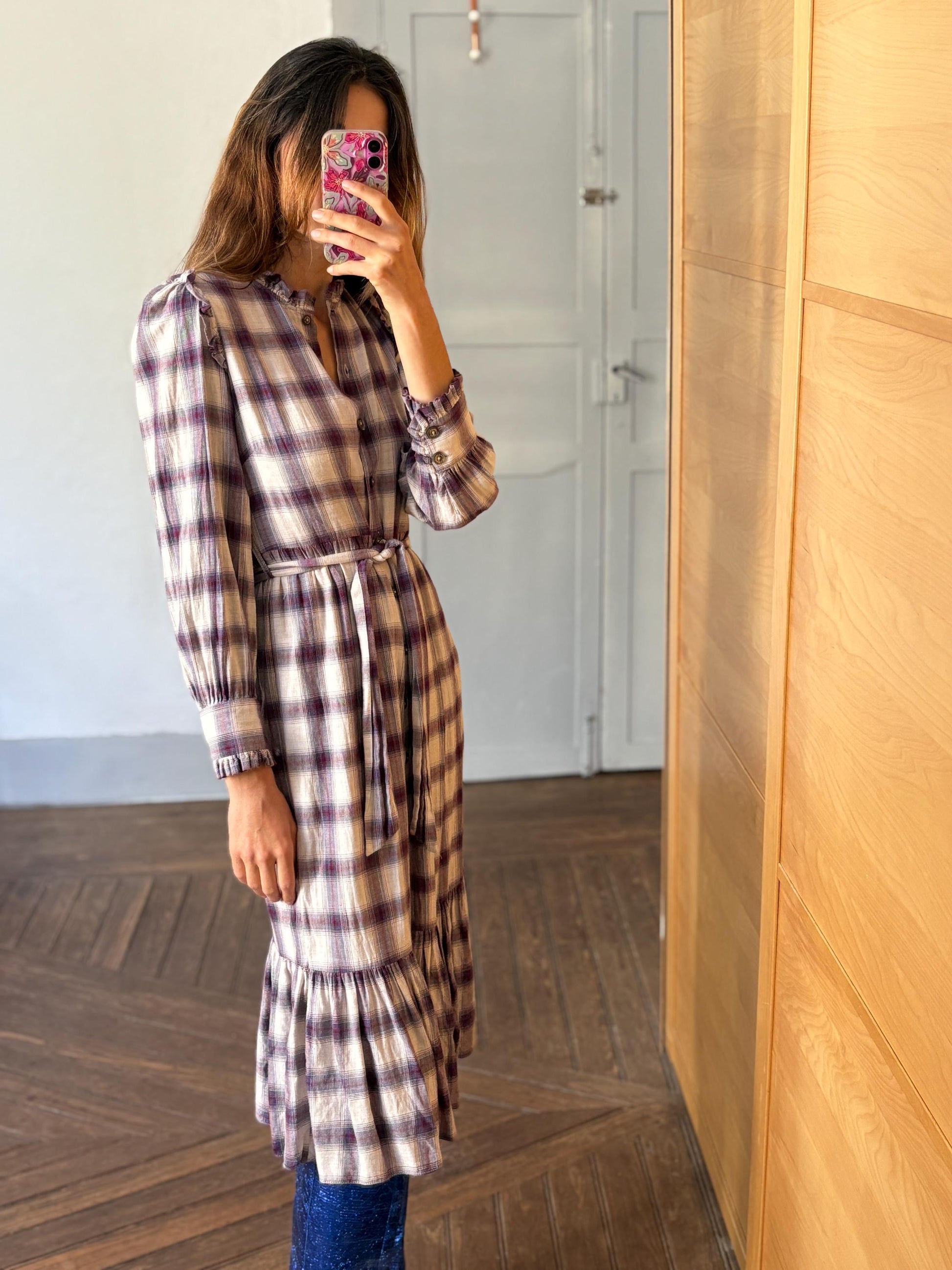 Vintage Spanish designer long dress, Checked plaid prairie style, Soft spring - autumn maxi dress, Luxe preppy branded wear