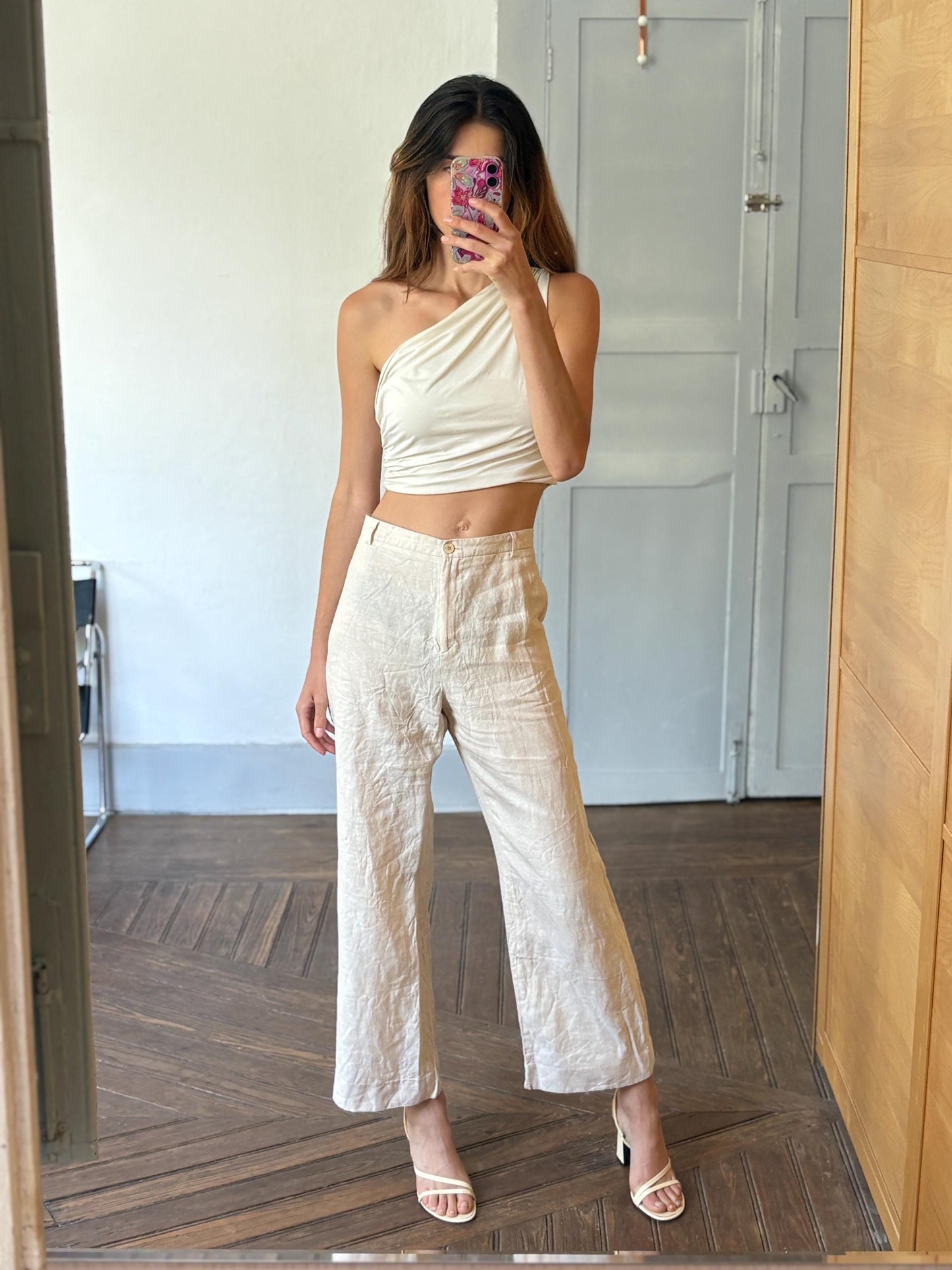 Earthy nagtural Vintage linen pants by El Corte Inglés, Sustainable fashion Wide leg cream beige trousers, Eco friendly Spanish clothing