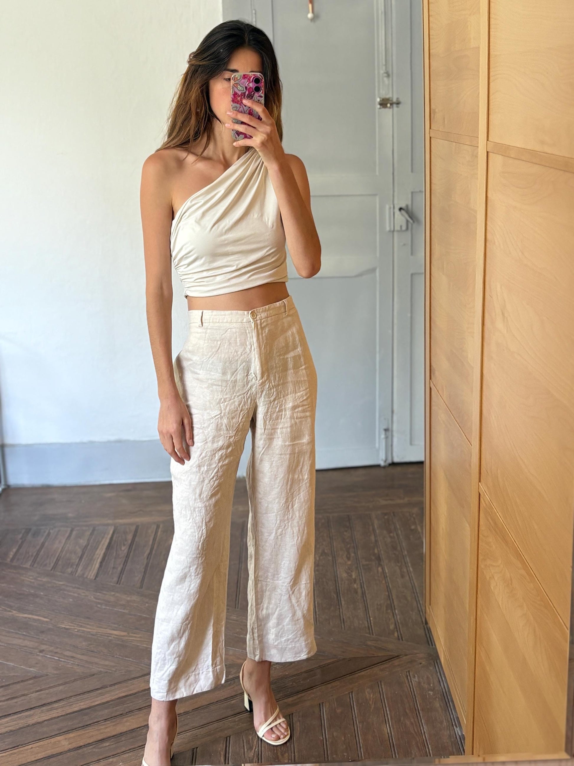 Earthy nagtural Vintage linen pants by El Corte Inglés, Sustainable fashion Wide leg cream beige trousers, Eco friendly Spanish clothing