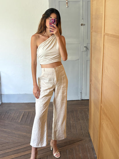 Eco-Friendly Beige Wide Leg Trousers — back view
