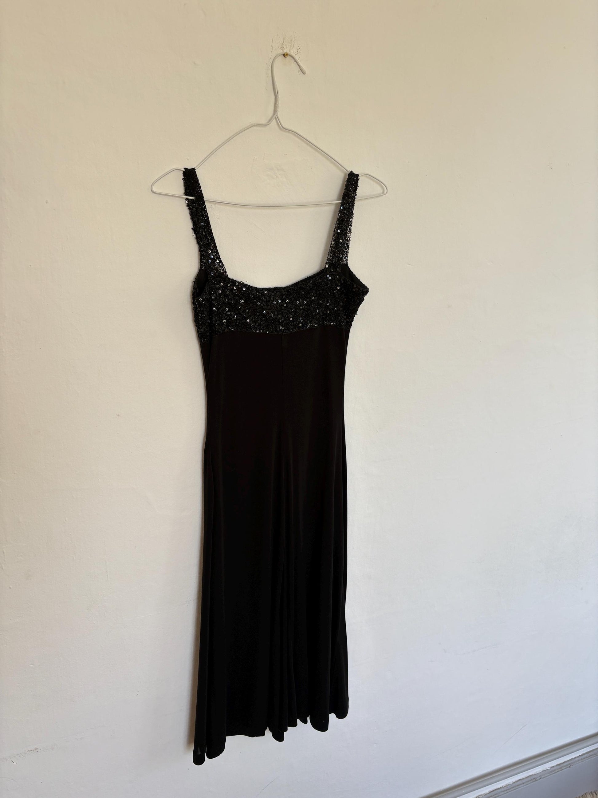 Black sequin midi dress, ANGEL SCHLESSER vintage cocktail style dress, square neckline, sparkly straps, size EU S - M elegant flowy fit