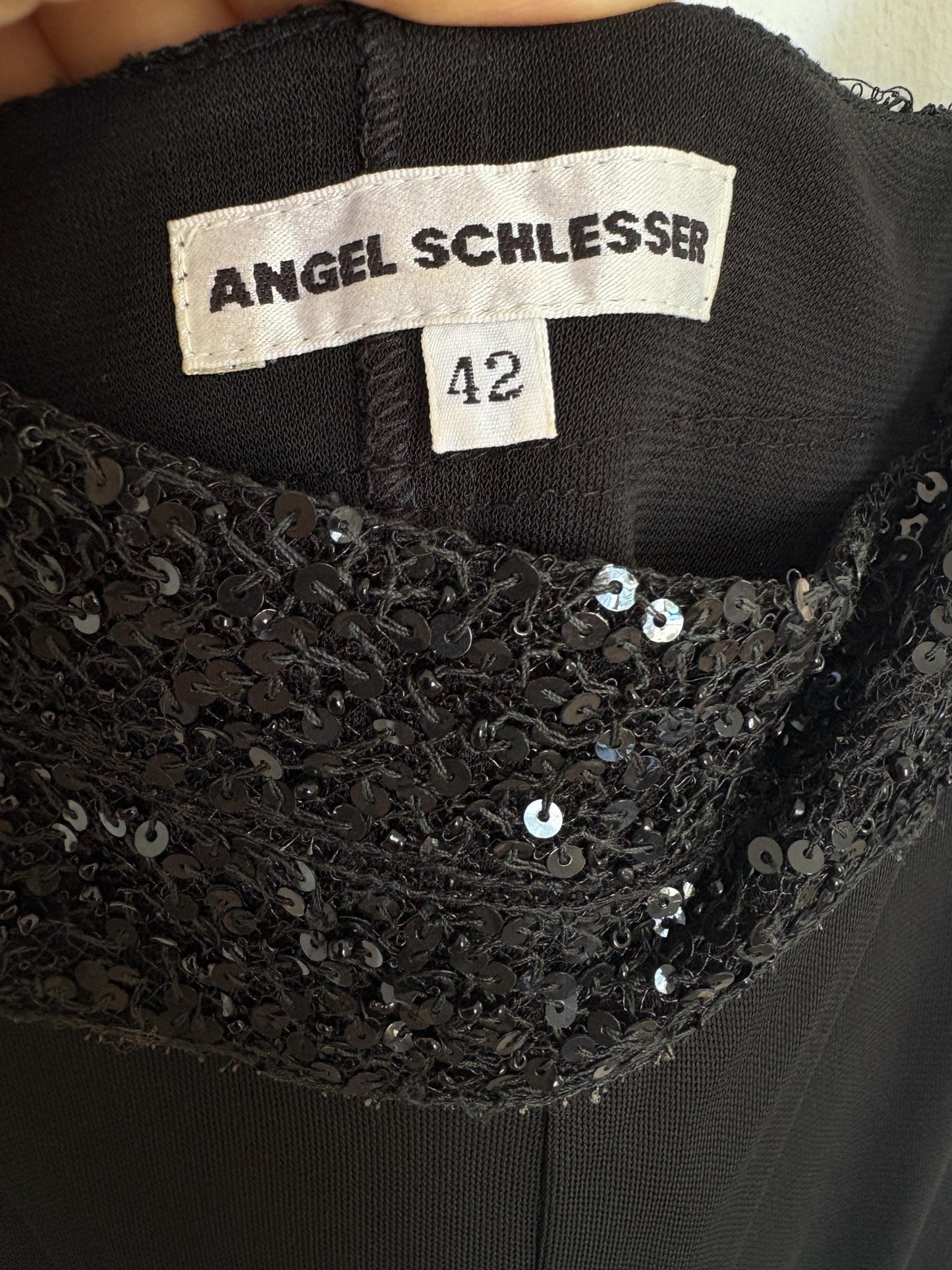 Black sequin midi dress, ANGEL SCHLESSER vintage cocktail style dress, square neckline, sparkly straps, size EU S - M elegant flowy fit