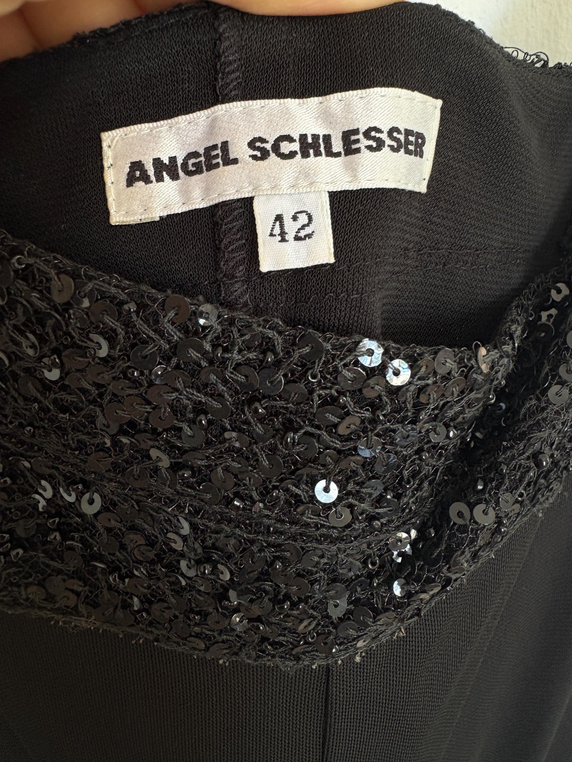 Black sequin midi dress, ANGEL SCHLESSER vintage cocktail style dress, square neckline, sparkly straps, size EU S - M elegant flowy fit