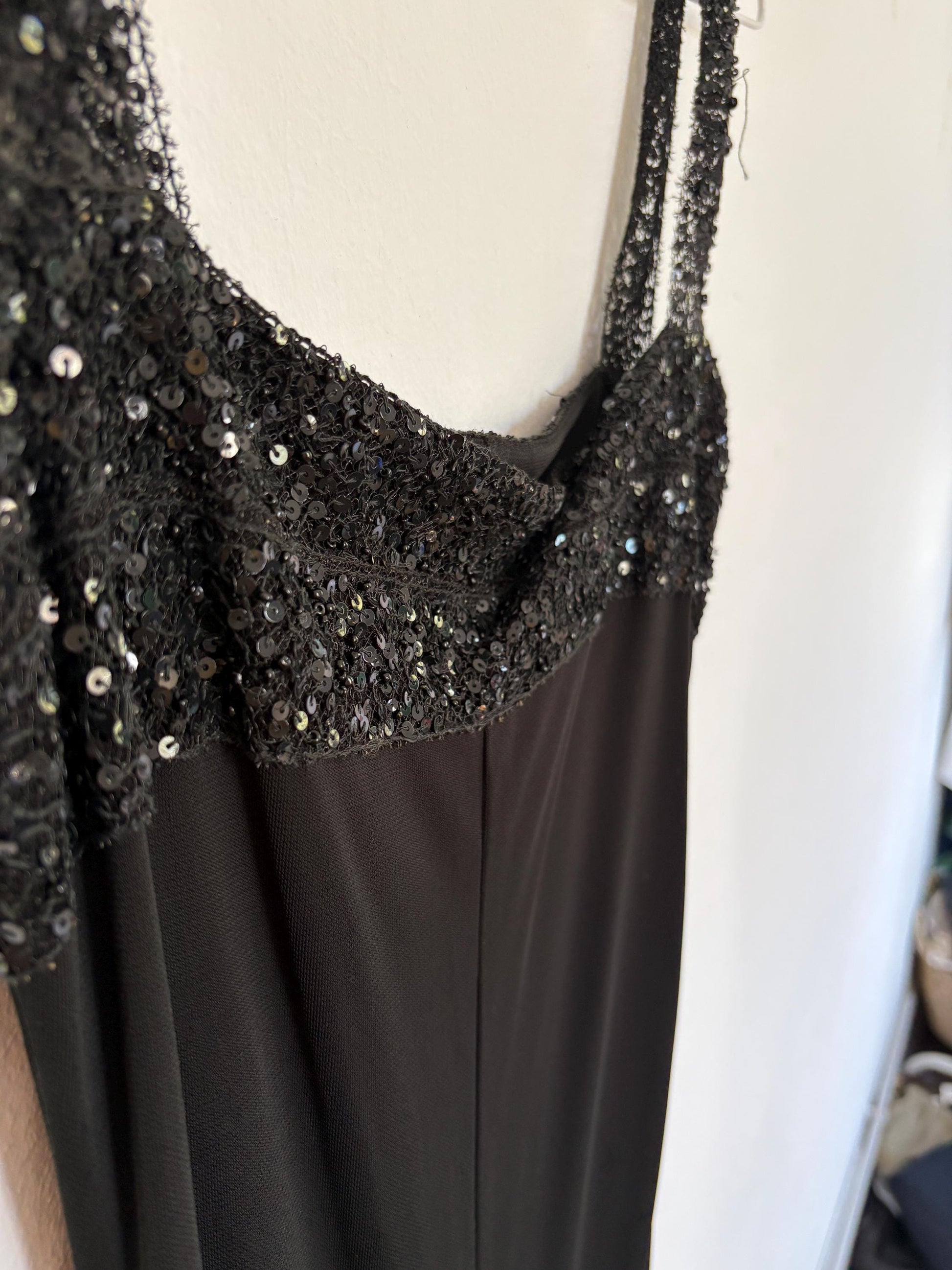 Black sequin midi dress, ANGEL SCHLESSER vintage cocktail style dress, square neckline, sparkly straps, size EU S - M elegant flowy fit
