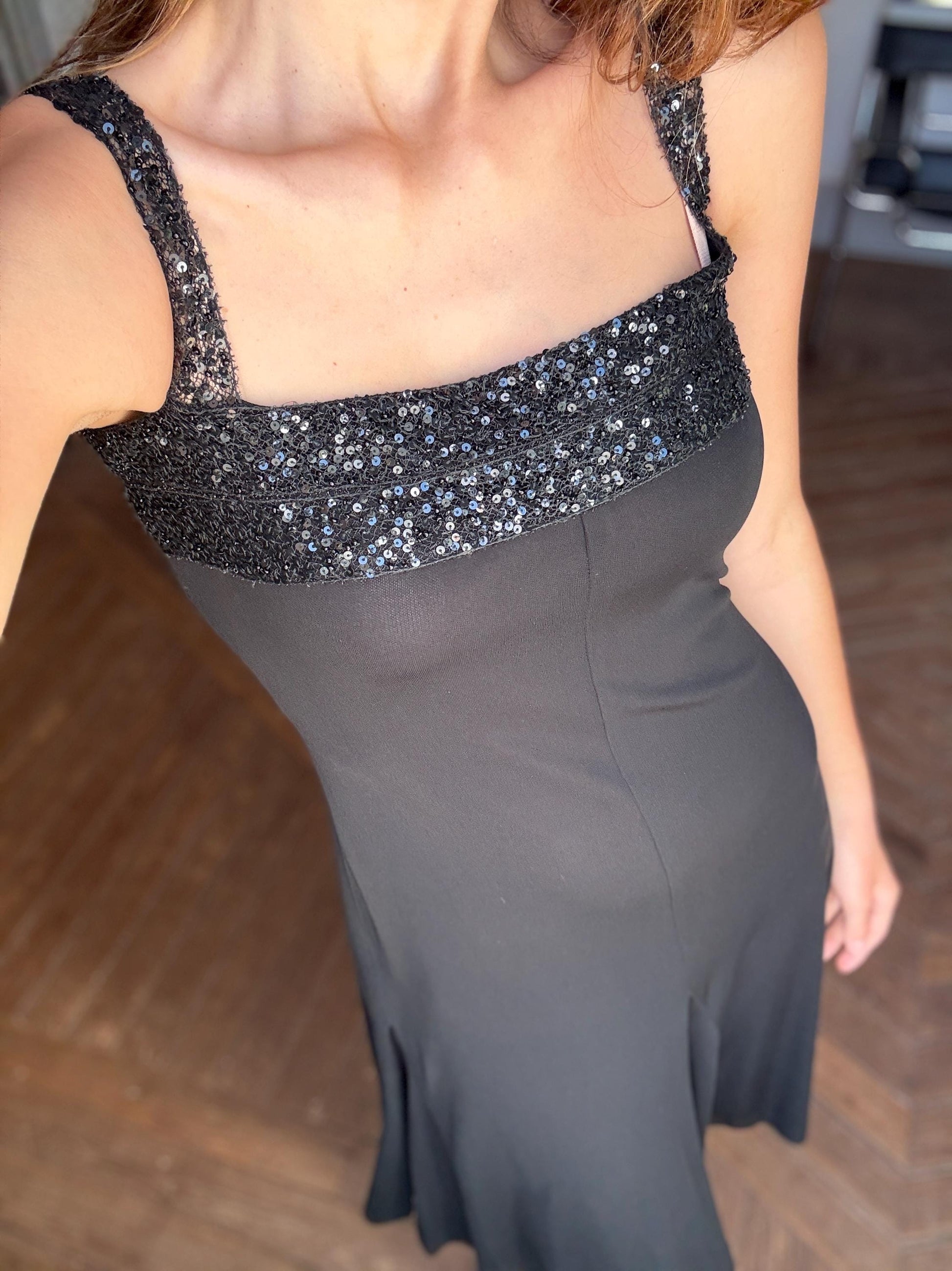 Black sequin midi dress, ANGEL SCHLESSER vintage cocktail style dress, square neckline, sparkly straps, size EU S - M elegant flowy fit