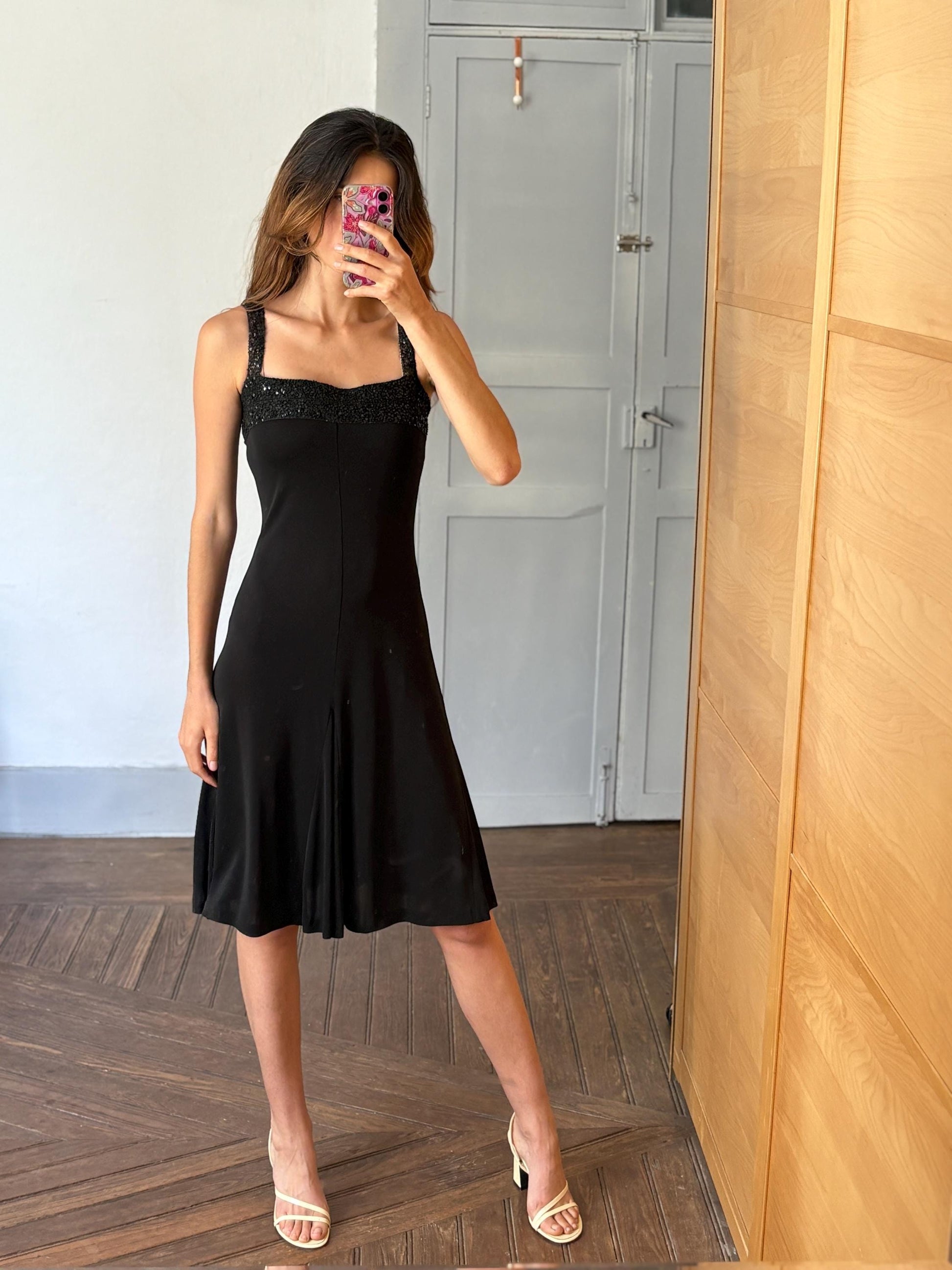 Black sequin midi dress, ANGEL SCHLESSER vintage cocktail style dress, square neckline, sparkly straps, size EU S - M elegant flowy fit