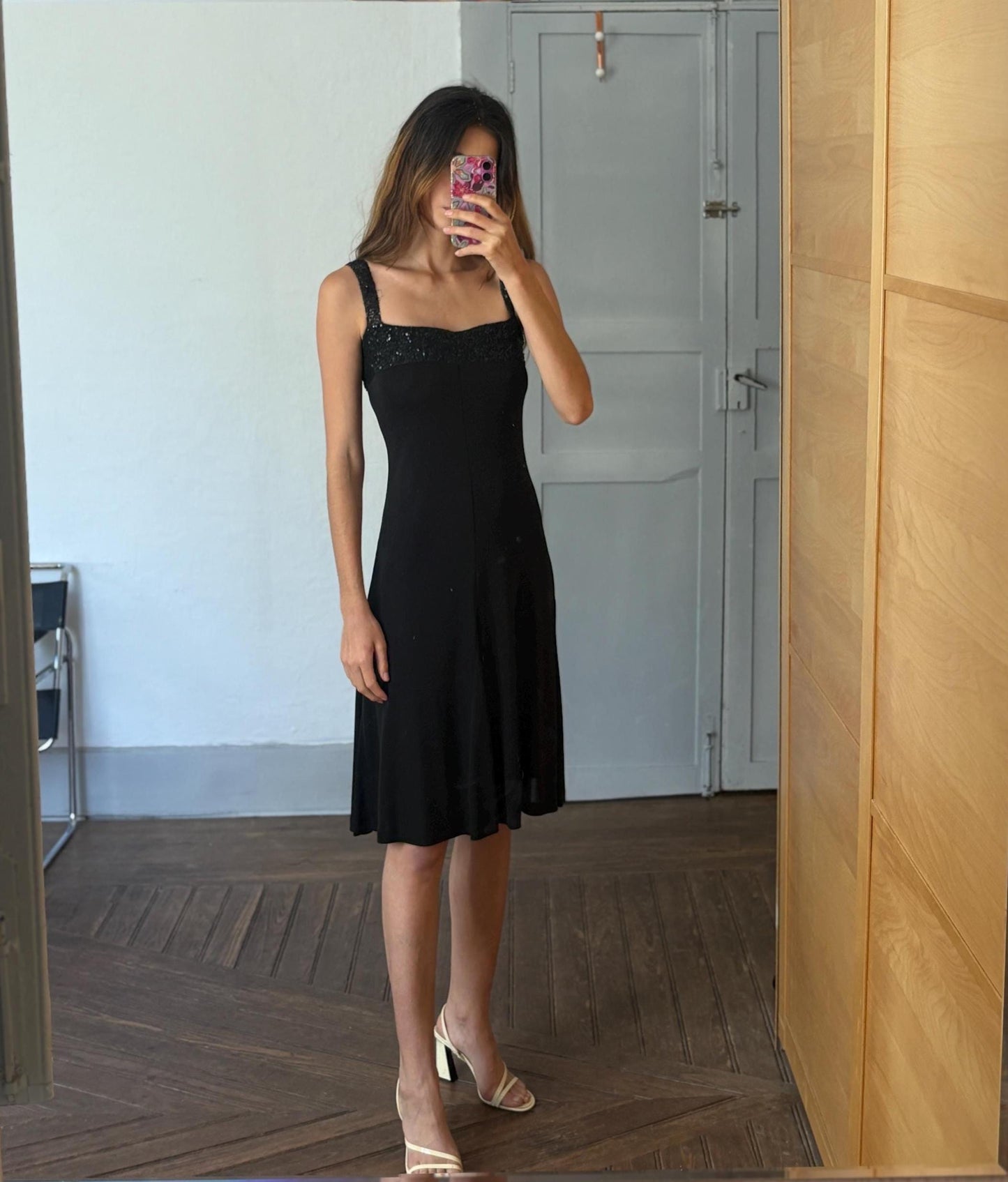 Black sequin midi dress, ANGEL SCHLESSER vintage cocktail style dress, square neckline, sparkly straps, size EU S - M elegant flowy fit