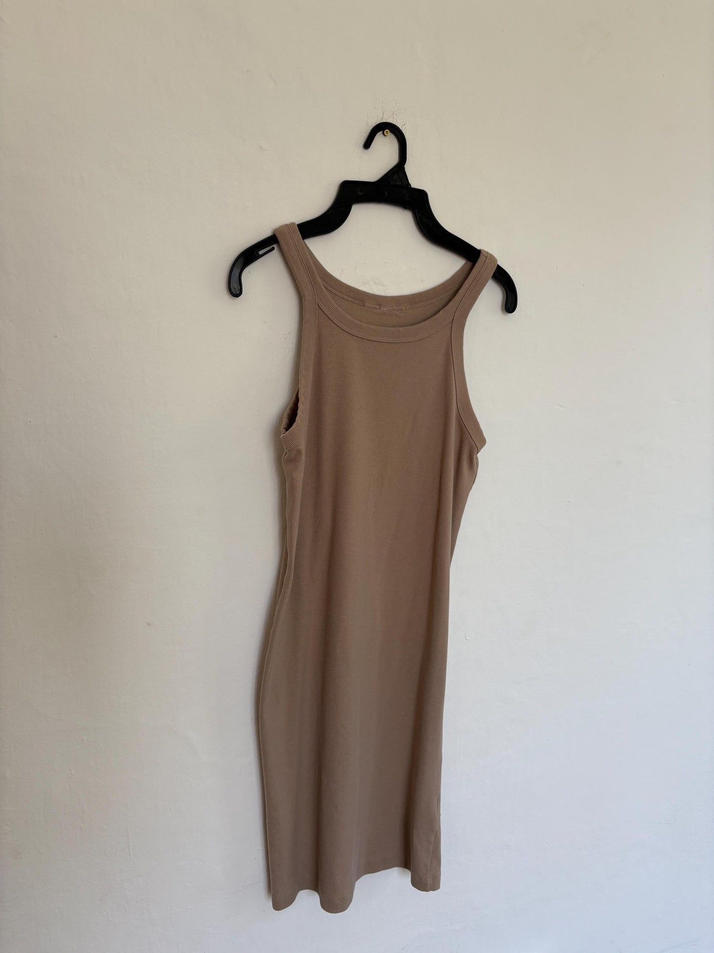 Nude ribbed bodycon mini dress, Y2K inspired, racerback style, sleeveless tank, stretchy cotton blend, fitted, sexy casual look