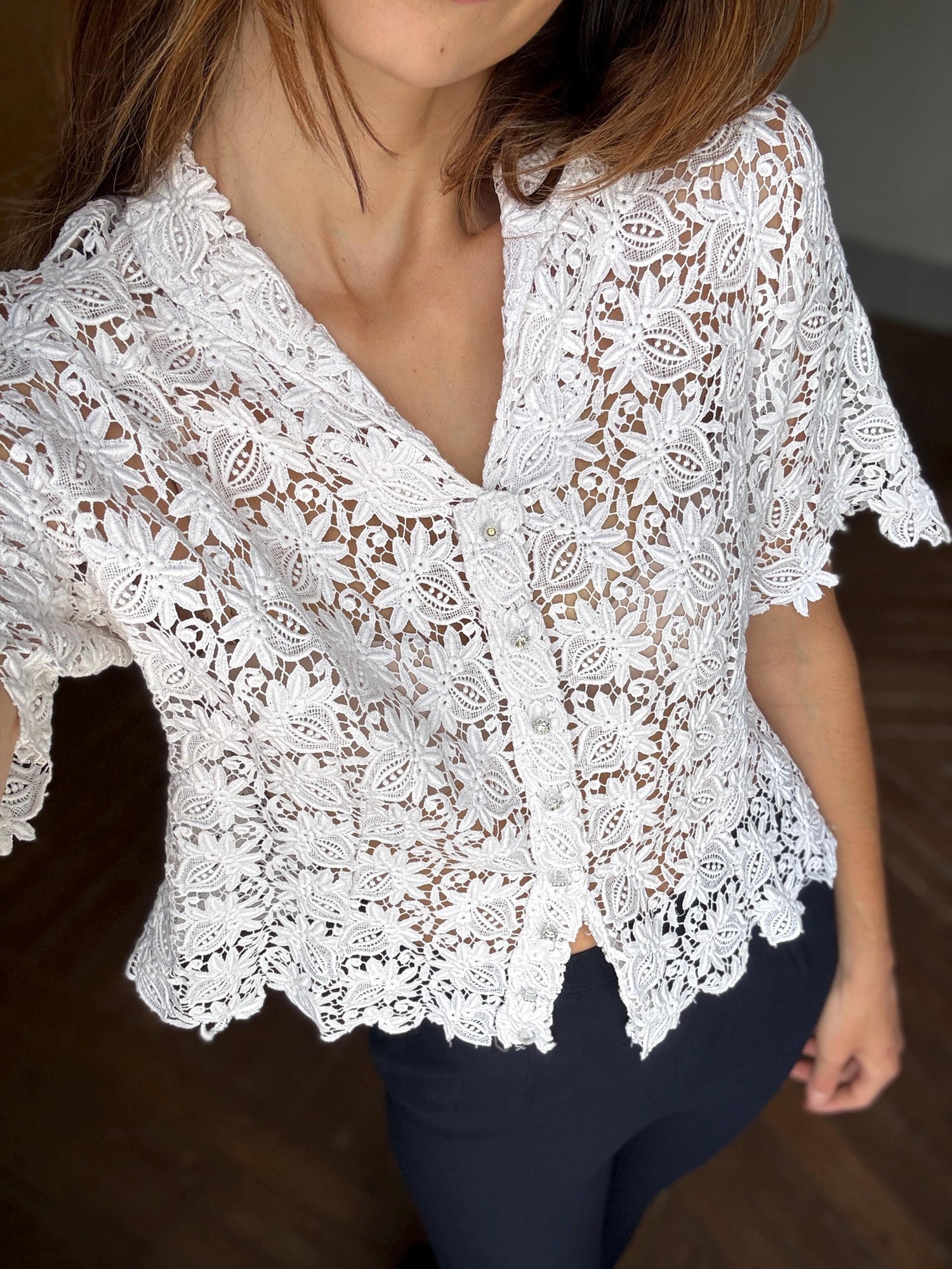 Vintage white lace blouse, Cottage core summer top, sheer floral fabric, crystal button detail, romantic style, size M-L