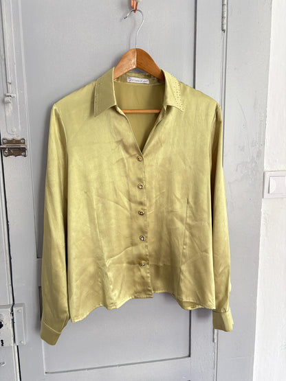Vintage Sage Green Satin Blouse Marina Riveira, Golden Button Disco Shirt