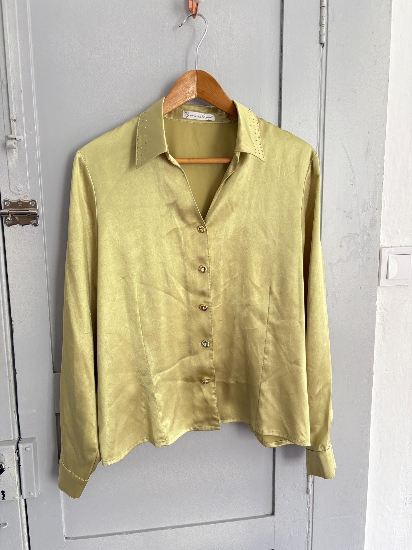 Vintage button up blouse Marina Riveira made in Spain, Golden buttons groovy stylish shiny party shirt, Statement vintage clothing