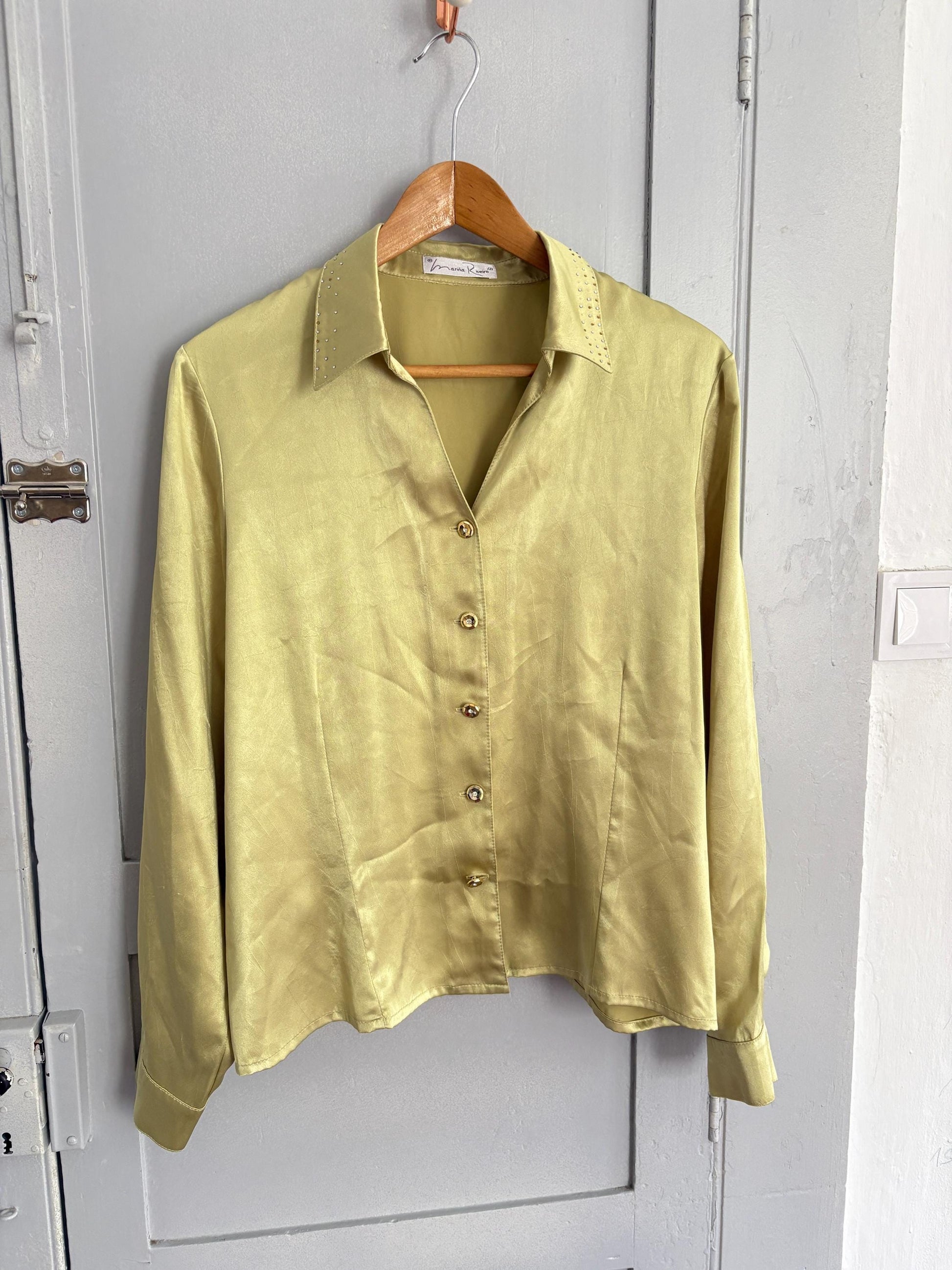 Vintage button up blouse Marina Riveira made in Spain, Golden buttons groovy stylish shiny party shirt, Statement vintage clothing