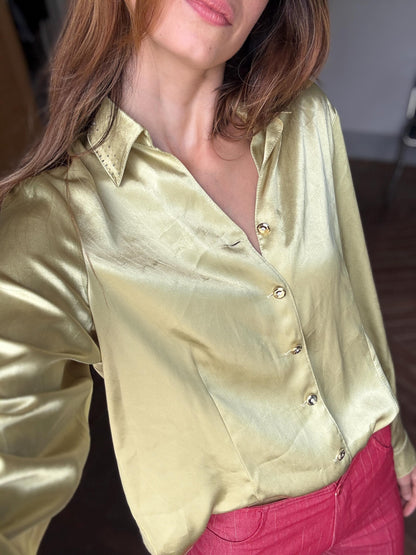 Vintage Sage Green Satin Blouse Marina Riveira, Golden Button Disco Shirt