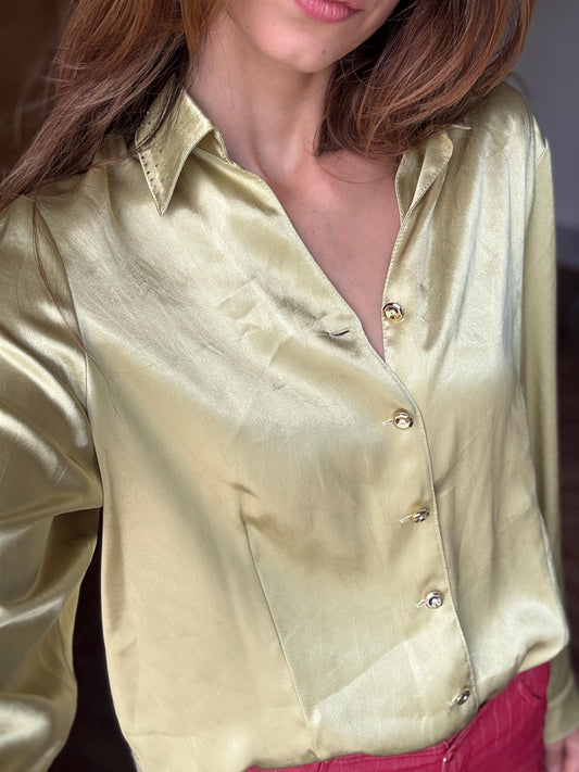 Vintage button up blouse Marina Riveira made in Spain, Golden buttons groovy stylish shiny party shirt, Statement vintage clothing