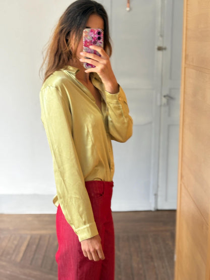 Vintage Sage Green Satin Blouse Marina Riveira, Golden Button Disco Shirt