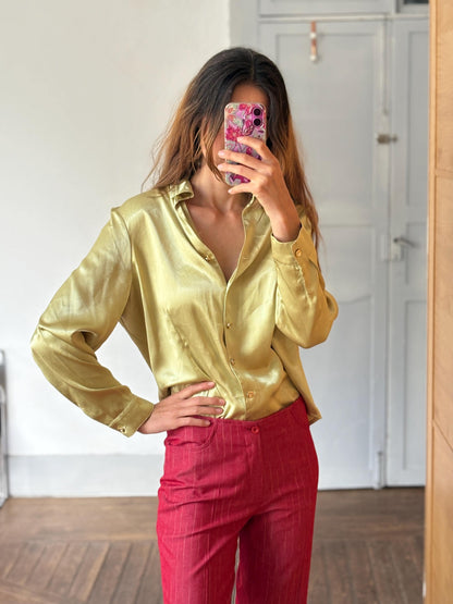 Vintage Sage Green Satin Blouse Marina Riveira, Golden Button Disco Shirt