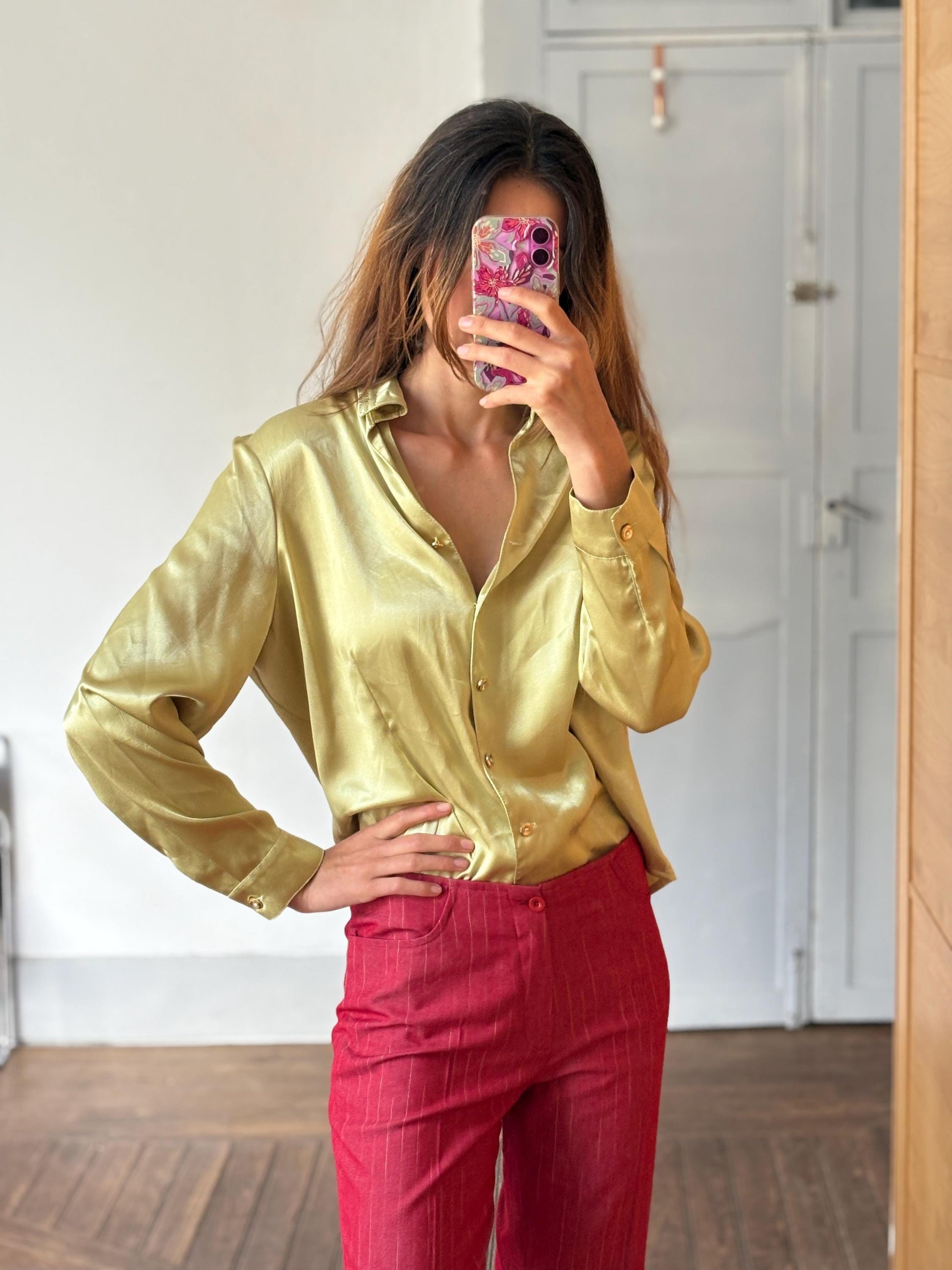 Vintage button up blouse Marina Riveira made in Spain, Golden buttons groovy stylish shiny party shirt, Statement vintage clothing