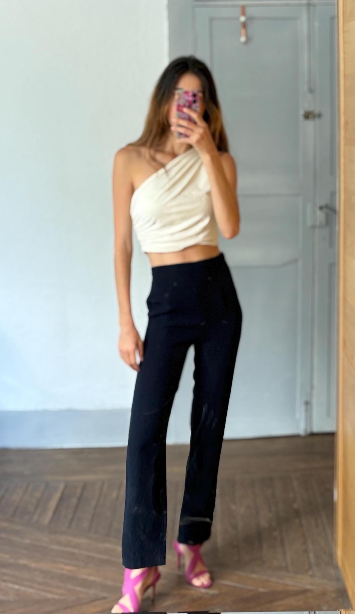 Vintage Mariella Rosato black trousers, sleek high-waisted pants, Italian vintage minimalism, elegant straight leg, soft stretch fabric