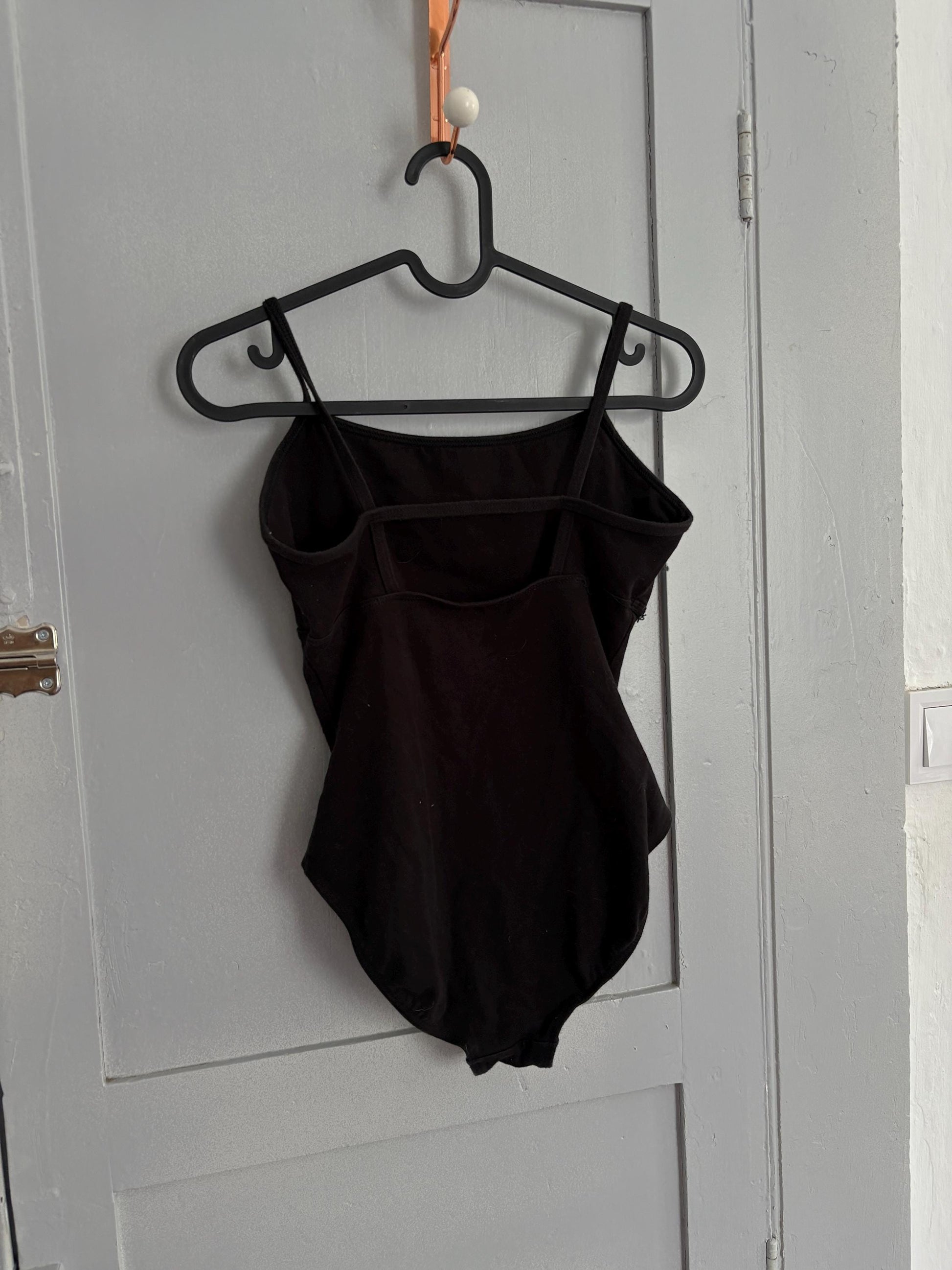 Vintage Black open back bodysuit, minimal spaghetti strap, scoop neckline, 90s balletcore style, size M, stretchy and sleek, sexy bodysuit